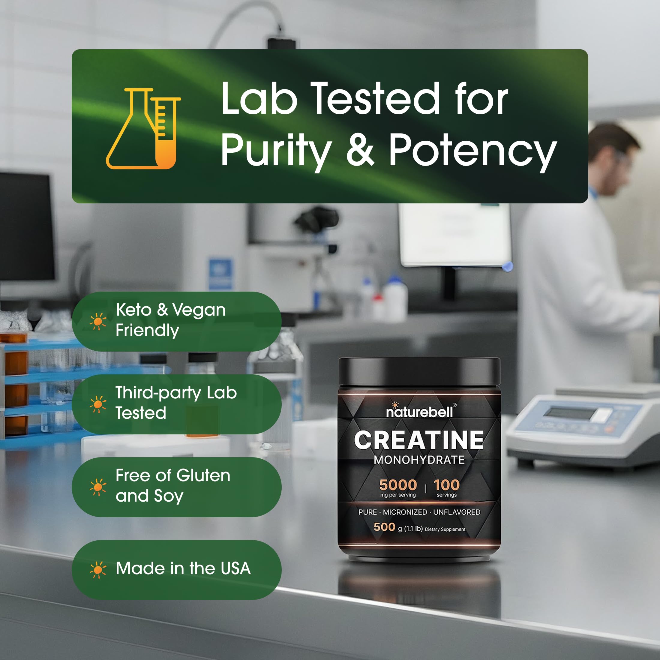 NatureBell Creatine Monohydrate Powder - 500g - Micronized Powder - Delivers 5,000mg Creatine Per Serving - Pre-Workout or Post-Workout Support* - Vegan & Keto Friendly - Unflavored