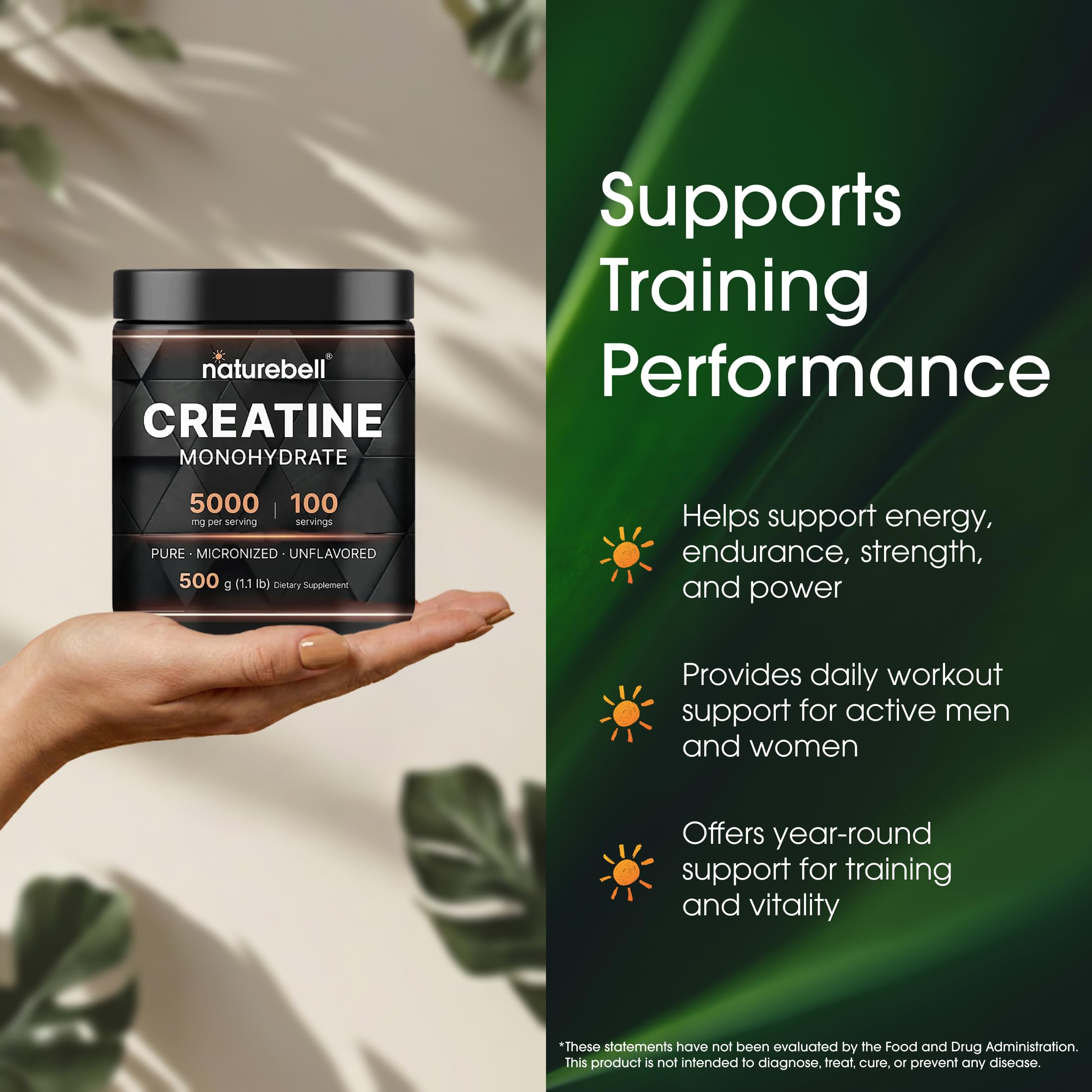 NatureBell Creatine Monohydrate Powder - 500g - Micronized Powder - Delivers 5,000mg Creatine Per Serving - Pre-Workout or Post-Workout Support* - Vegan & Keto Friendly - Unflavored