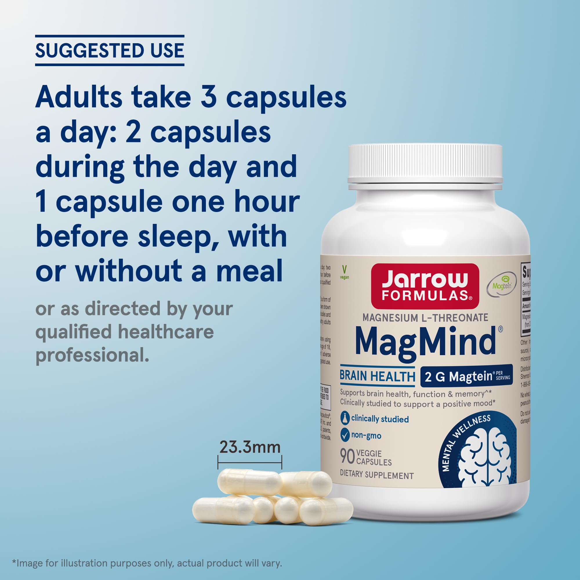 Jarrow Formulas Magnesium L-Threonate, MagMind Magtein Magnesium Supplement, Brain Supplements for Memory Support, 90 Veggie Capsules, Up to a 30 Day Supply