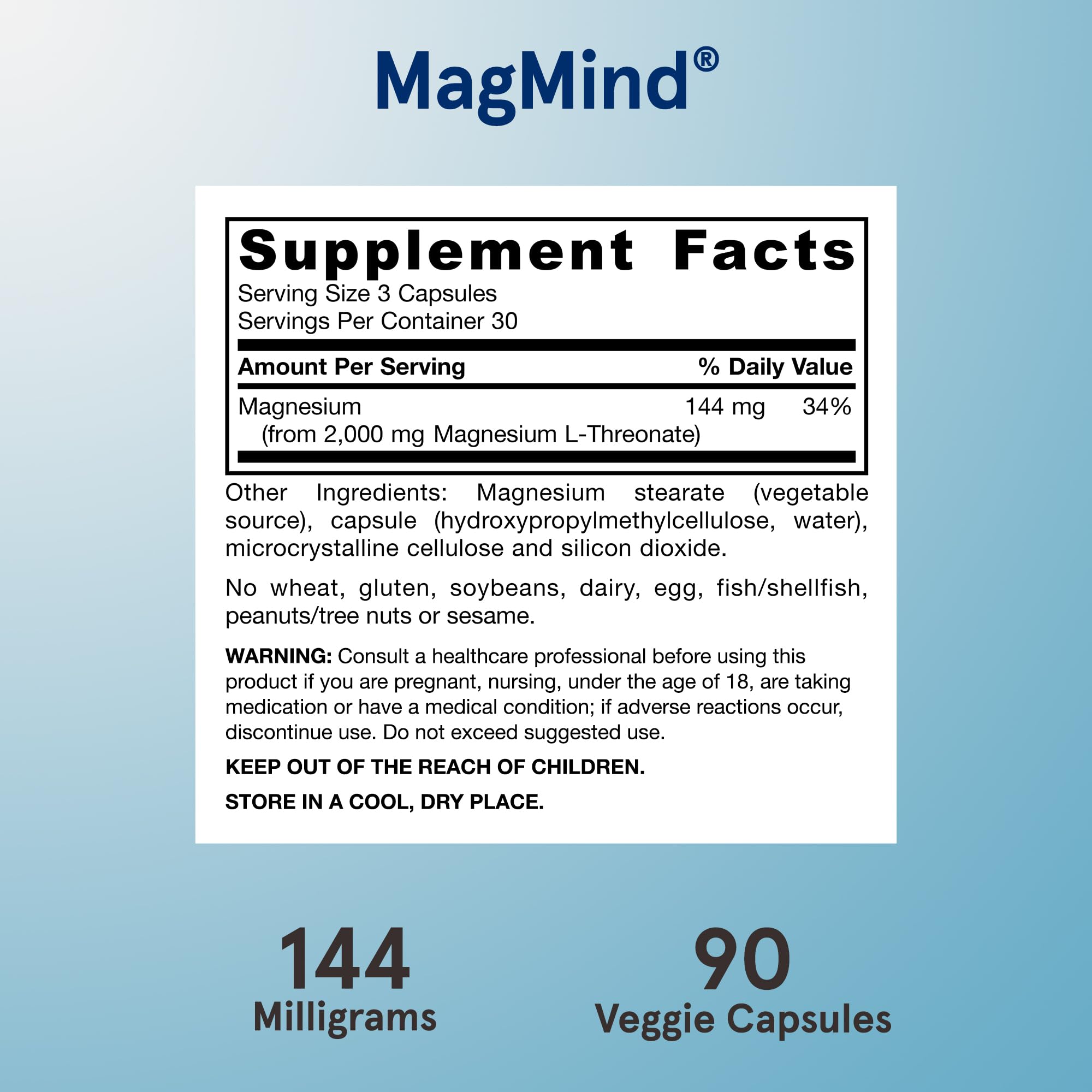 Jarrow Formulas Magnesium L-Threonate, MagMind Magtein Magnesium Supplement, Brain Supplements for Memory Support, 90 Veggie Capsules, Up to a 30 Day Supply
