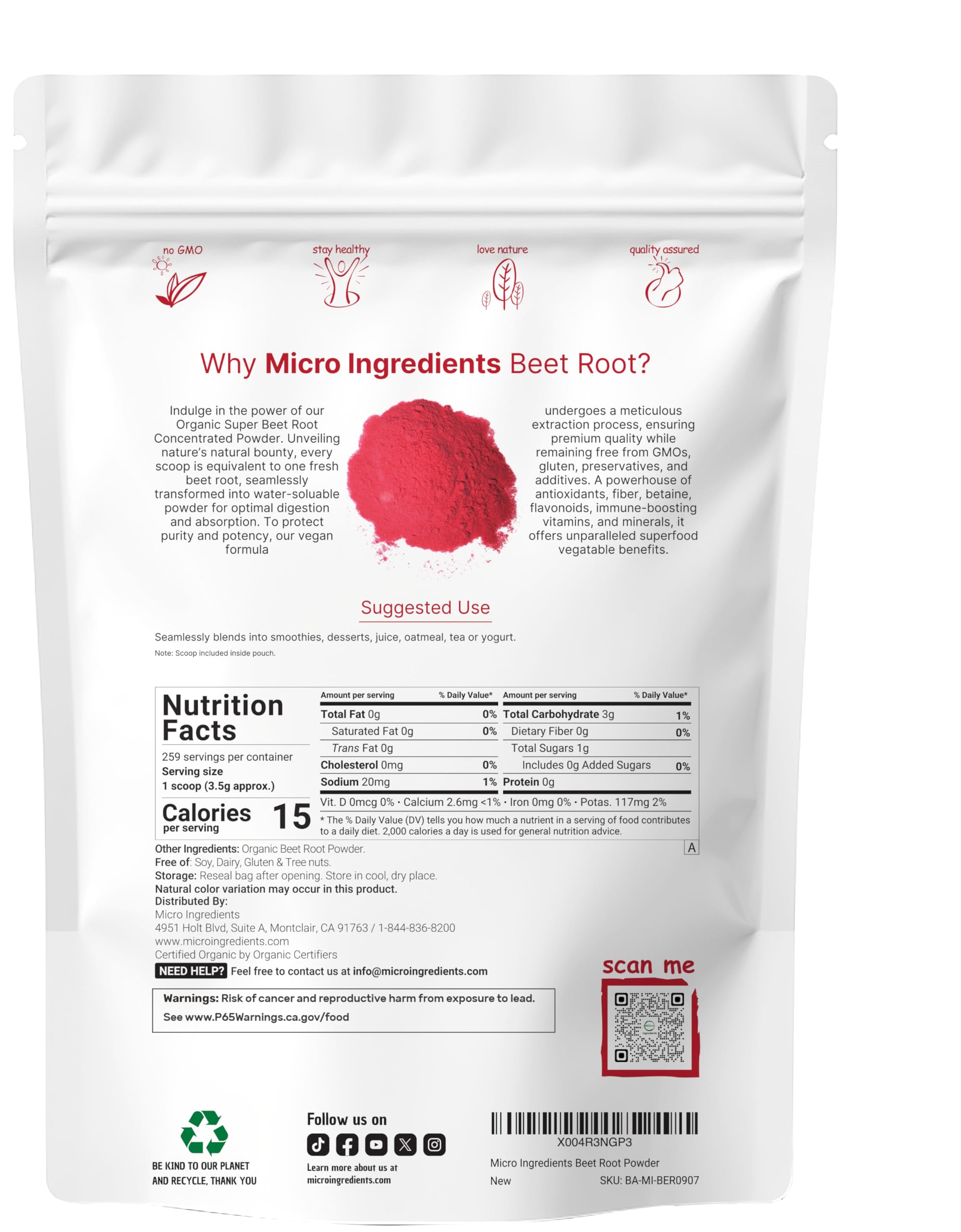Micro Ingredients Organic Beet Root Powder, 2 Pounds | Cold Pressed, Water Soluble, High Concentrated Raw Beet Supplement | Superfood Drink Mix | Non-GMO, Vegan Friendly, Plant Based
