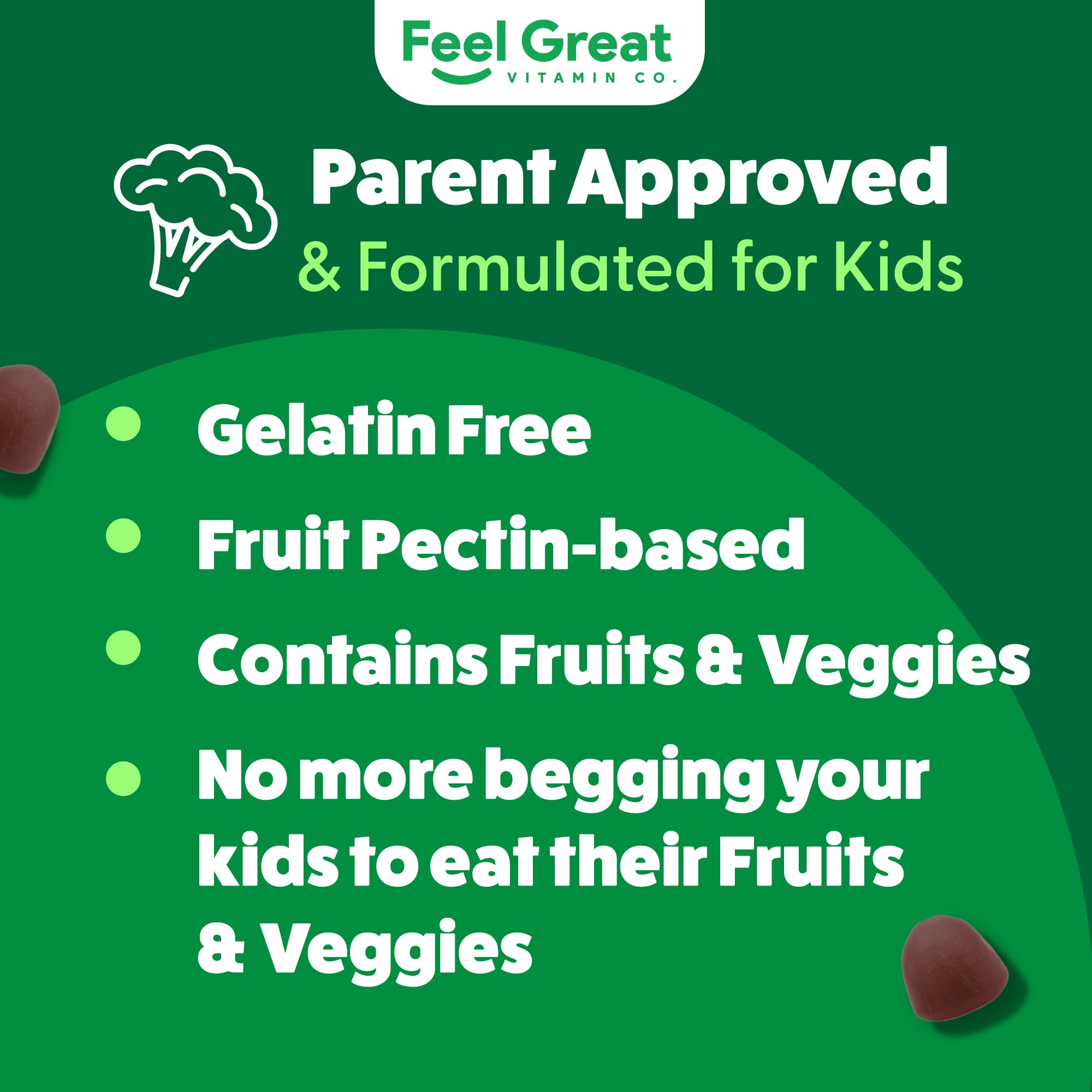 Feel Great Super Green Gummies for Kids | Fruit and Vegetable Gummies | Vegan Veggie Gummy Multivitamin for Kids | Veggie Fiber Supplement | 60 Count