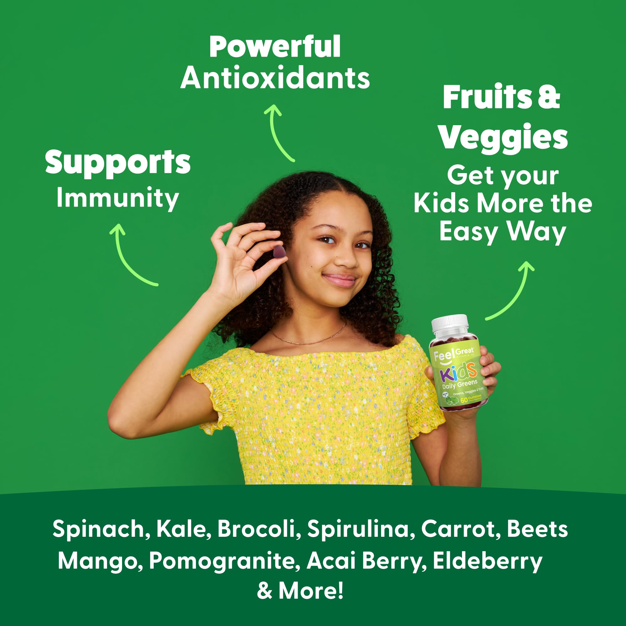 Feel Great Super Green Gummies for Kids | Fruit and Vegetable Gummies | Vegan Veggie Gummy Multivitamin for Kids | Veggie Fiber Supplement | 60 Count