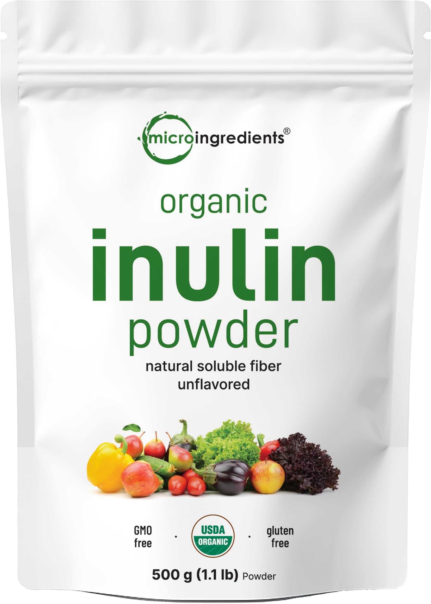 Micro Ingredients Organic Inulin FOS Fiber Powder, 1.1 lb | Quick Water-Soluble Prebiotic | Natural Unflavored Fiber for Yogurt, Smoothies, & Drinks | Vegan Friendly, Dissolves Clear, Non-GMO