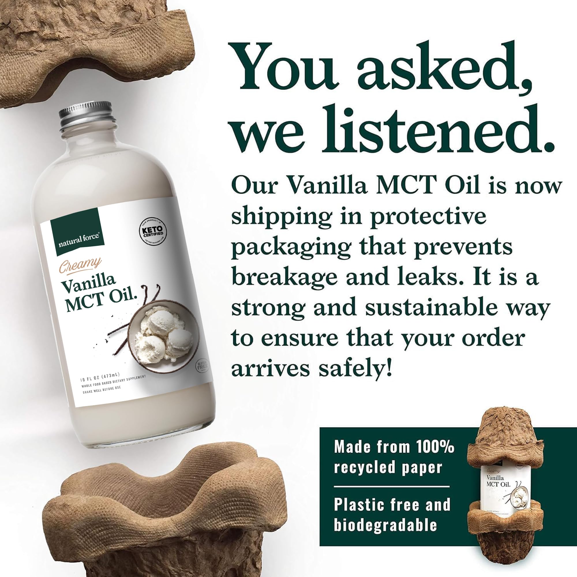 Natural Force Creamy Vanilla MCT Oil – Non Dairy, Keto Certified, Emulsified MCTs for Low-Carb, Ketogenic Coffee, Smoothies, & Shakes - Mixes Instantly + No Blending Required – 16 Oz Glass Bottle