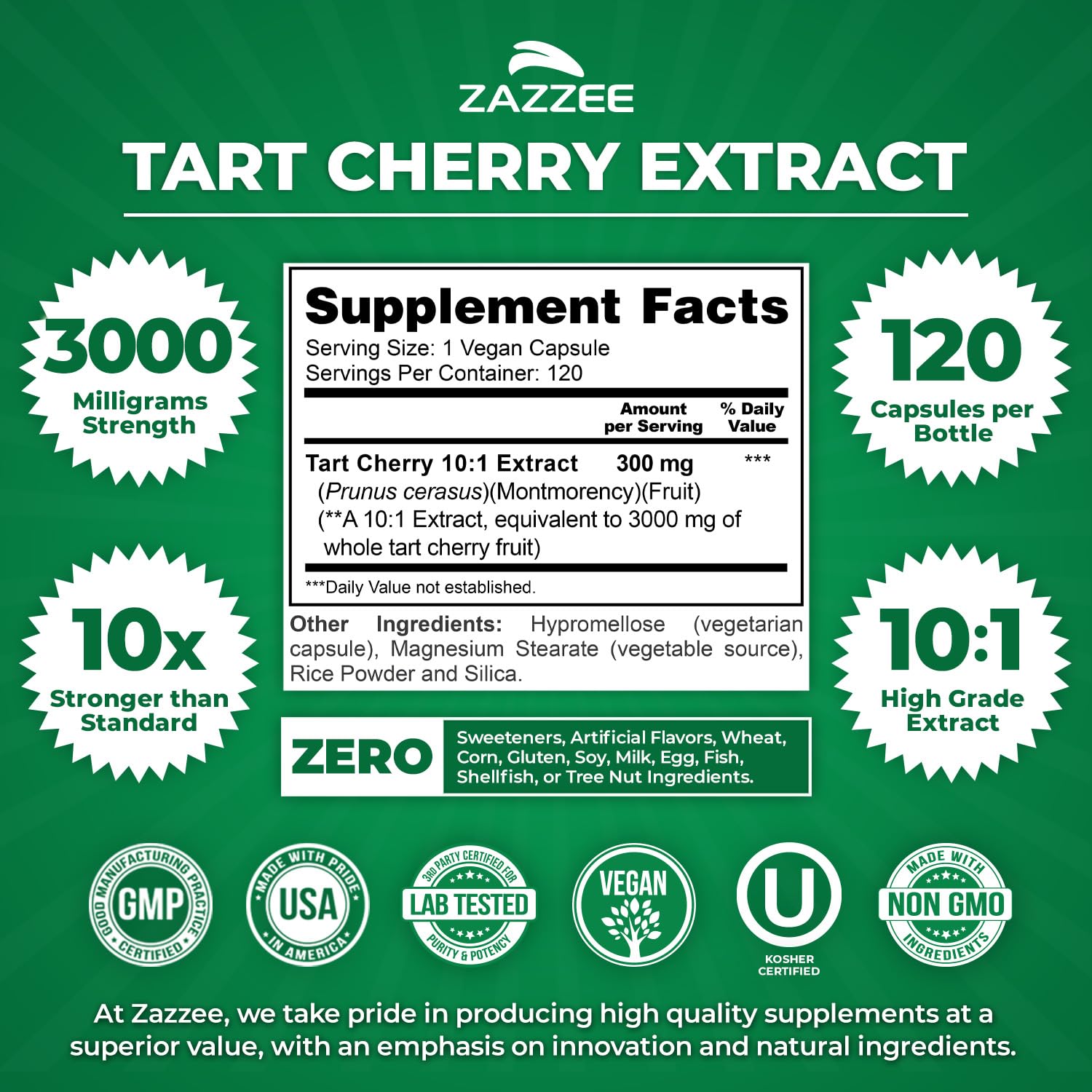 Zazzee Tart Cherry 10:1 Extract, 3000 mg Strength, 120 Vegan Capsules, 4 Month Supply, Certified Kosher, Montmorency Variety, Antioxidant Support Formula, Non-GMO, Gluten Free, Made in The USA