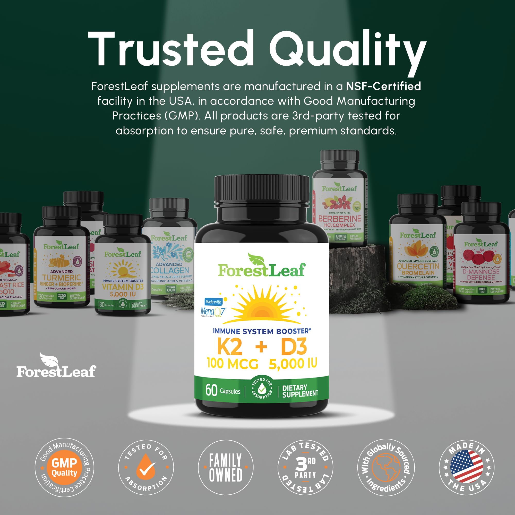 ForestLeaf Vitamin D3 + K2 (MK7) Supplement - MenaQ7 - Calcium and Vitamin D3 5000 IU Max Absorption - Teeth and Bone Strength, Heart Health, Immune System Support - 60 Veggie Capsules