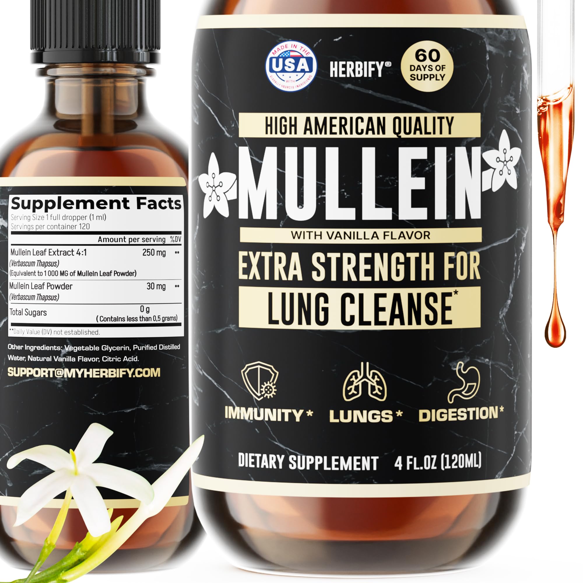 HERBIFY Mullein Drops - Lung Cleanse - Leaf Extract - Powerful Mullein for Immune Support, Detox & Respiratory Support - Made in USA - 4 Oz Vanilla Flavor