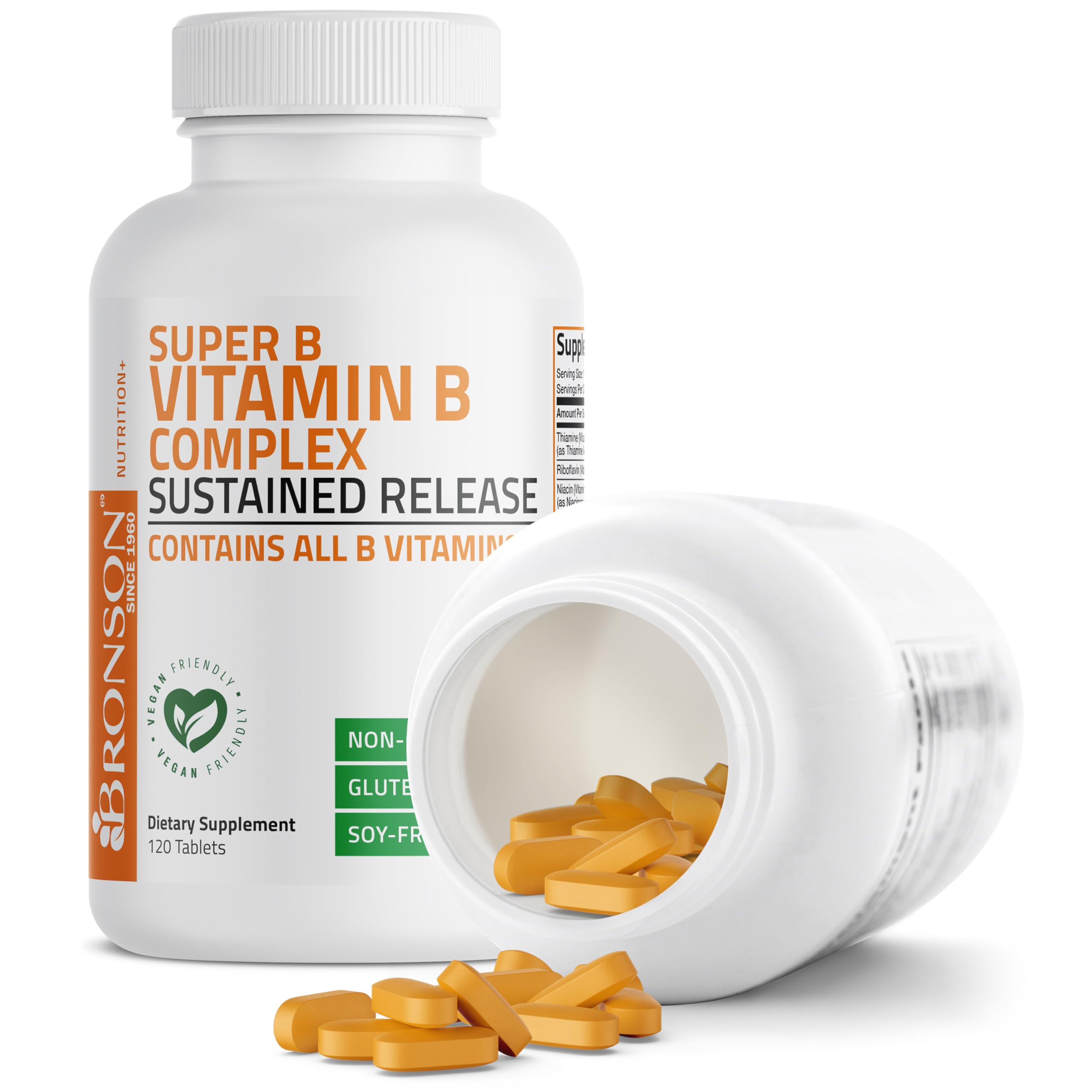 Bronson Super B Vitamin B Complex Sustained Slow Release (Vitamin B1, B2, B3, B6, B9 - Folic Acid, B12) Contains All B Vitamins 120 Tablets