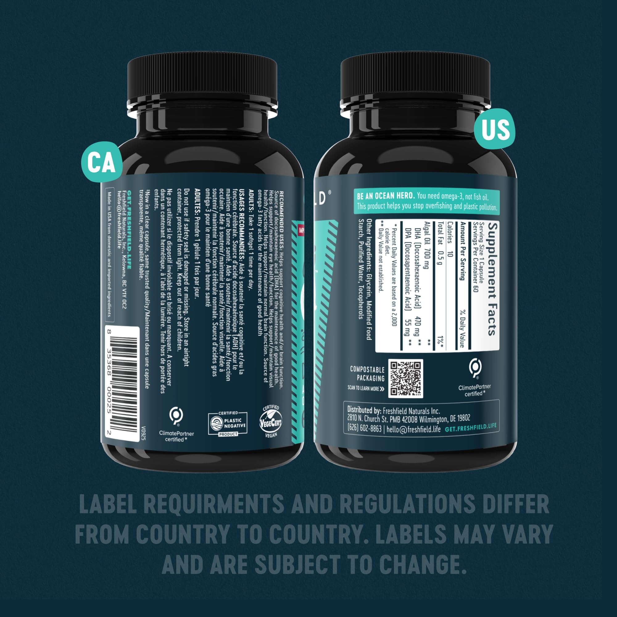 Freshfield Omega 3, DHA Supplements, Potent 1 per Day Formula, Algae (Algal) Oil, Vegan Omega, Ocean Saving Fish Oil Alt, Sustainable, Concentrated DHA per Capsule, w/DPA