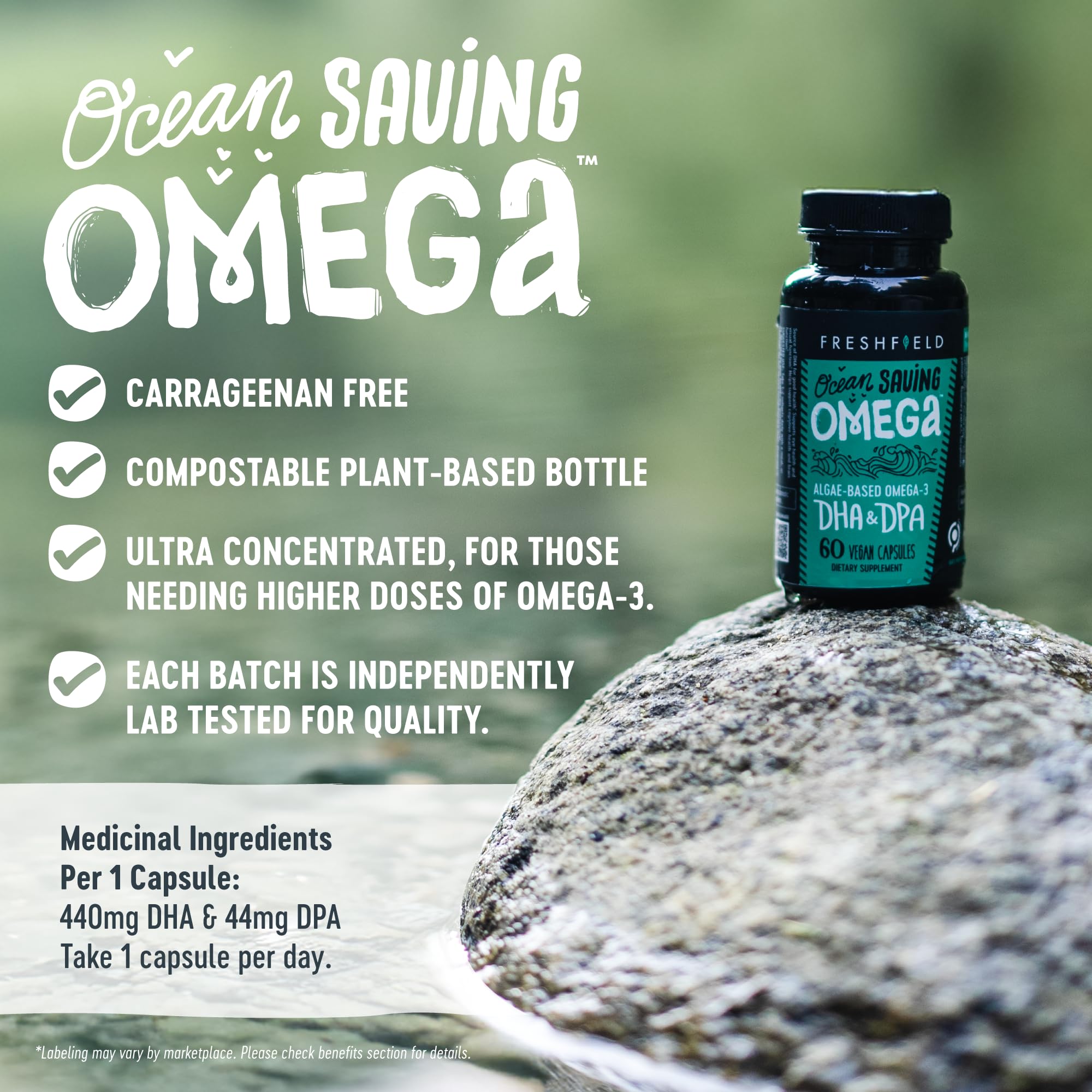 Freshfield Omega 3, DHA Supplements, Potent 1 per Day Formula, Algae (Algal) Oil, Vegan Omega, Ocean Saving Fish Oil Alt, Sustainable, Concentrated DHA per Capsule, w/DPA