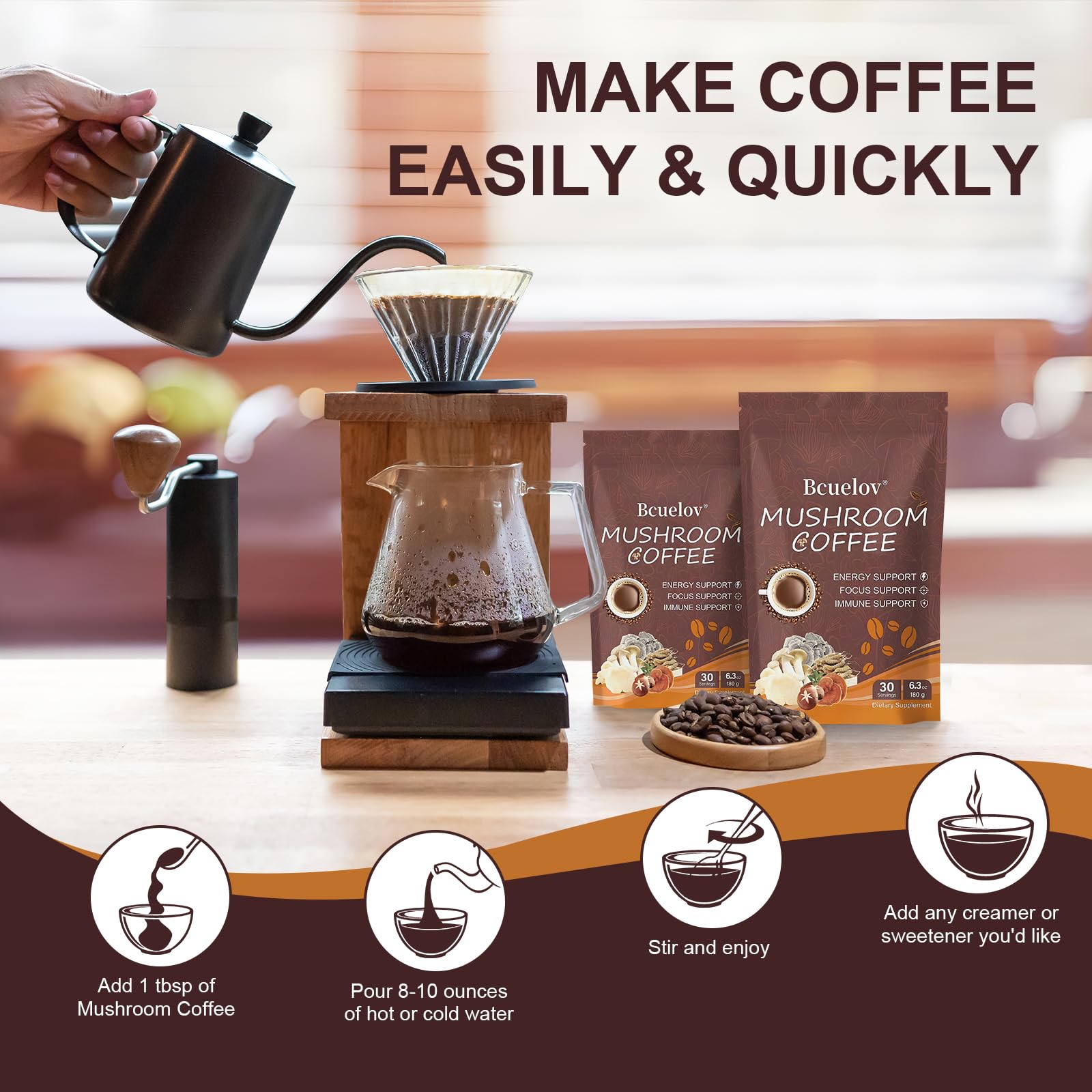 2 Bag Mushroom Coffee, Instant Coffee with 6 Adaptogenic Mushrooms (Lion’s Mane, Cordyceps, Shiitake, Turkey Tail) for Better Energy, Focus, Digestion & Immune Support