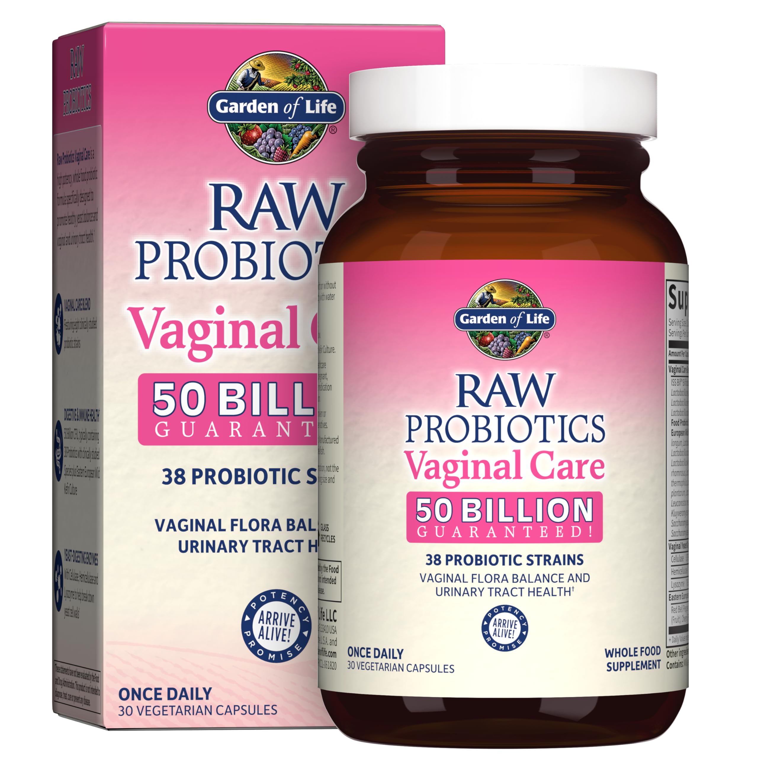 Garden of Life Raw Probiotics Vaginal Care - 50 Billion CFU - 38 Probiotic Strains - Supports Vaginal & Urinary Tract Health* - 30 Vegetarian Capsules