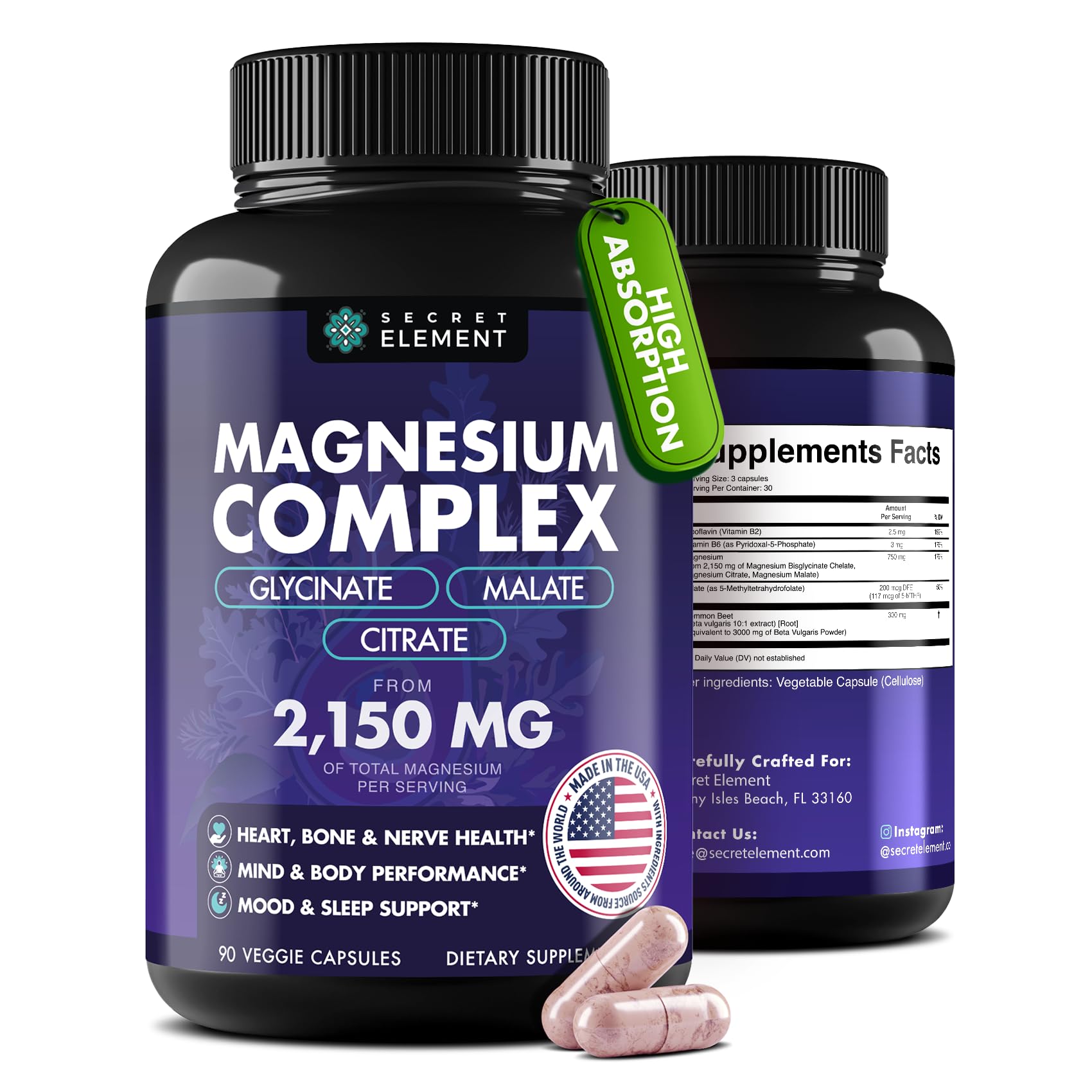 Magnesium Complex 2,150MG, High Absorption Capsules with Magnesium Glycinate, Citrate & Malate, Plus Vitamin B6, B2, Folate & Beet Root, Vegan, Non-GMO, No Artificial Additives, 90 Capsules
