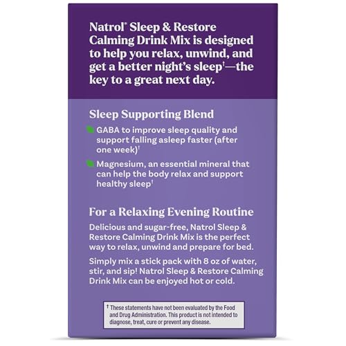 Natrol Sleep + Restore Calming Drink Mix with Magnesium Glycinate, Magnesium Sleep Aid, Melatonin-Free, Lemon Chamomile, 10 Stick Packs