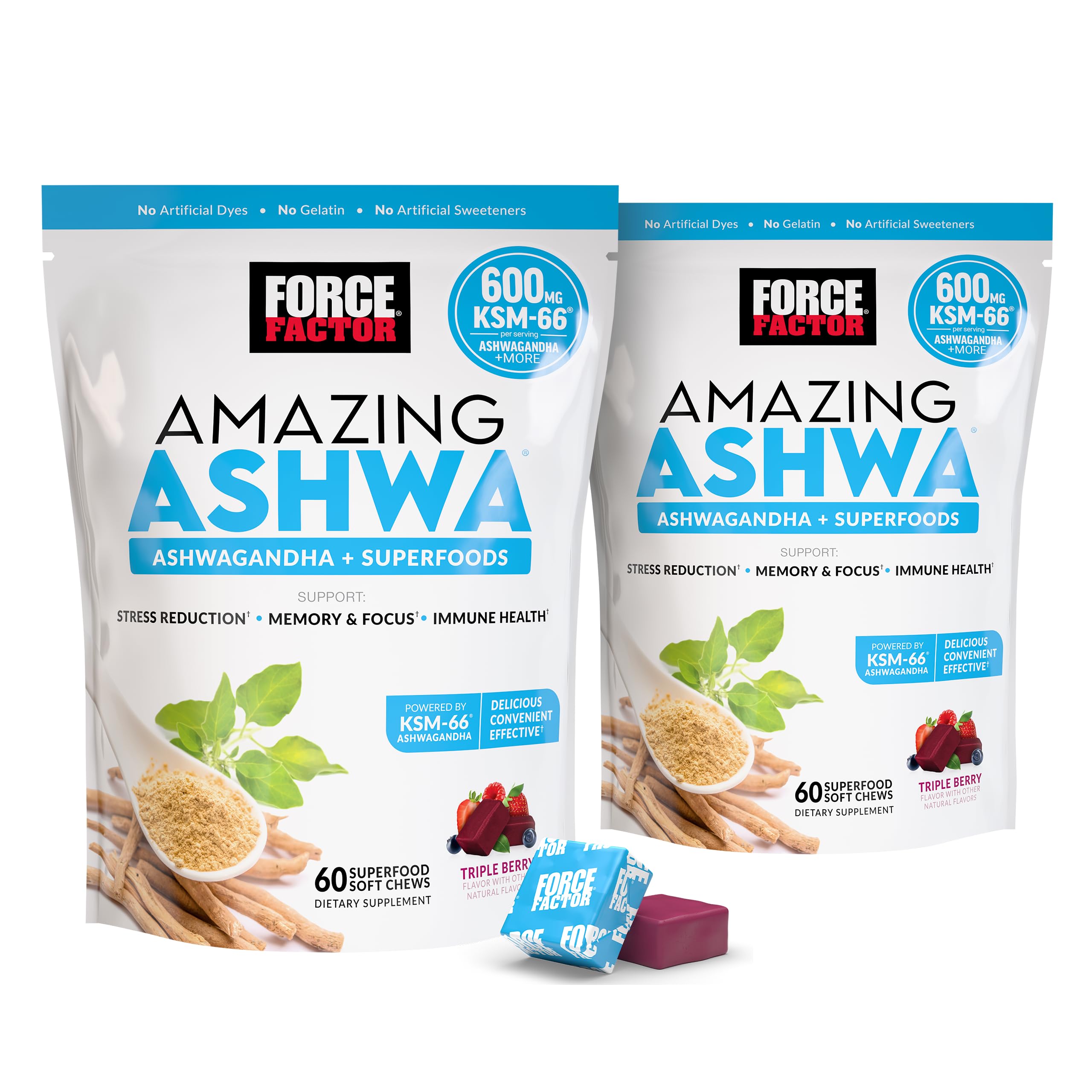 Force Factor Amazing Ashwa for Stress Relief, Memory, Focus, and Immune Support Health, Ashwaganda Supplement with KSM-66 Ashwagandha for Stress, 120 Soft Chews