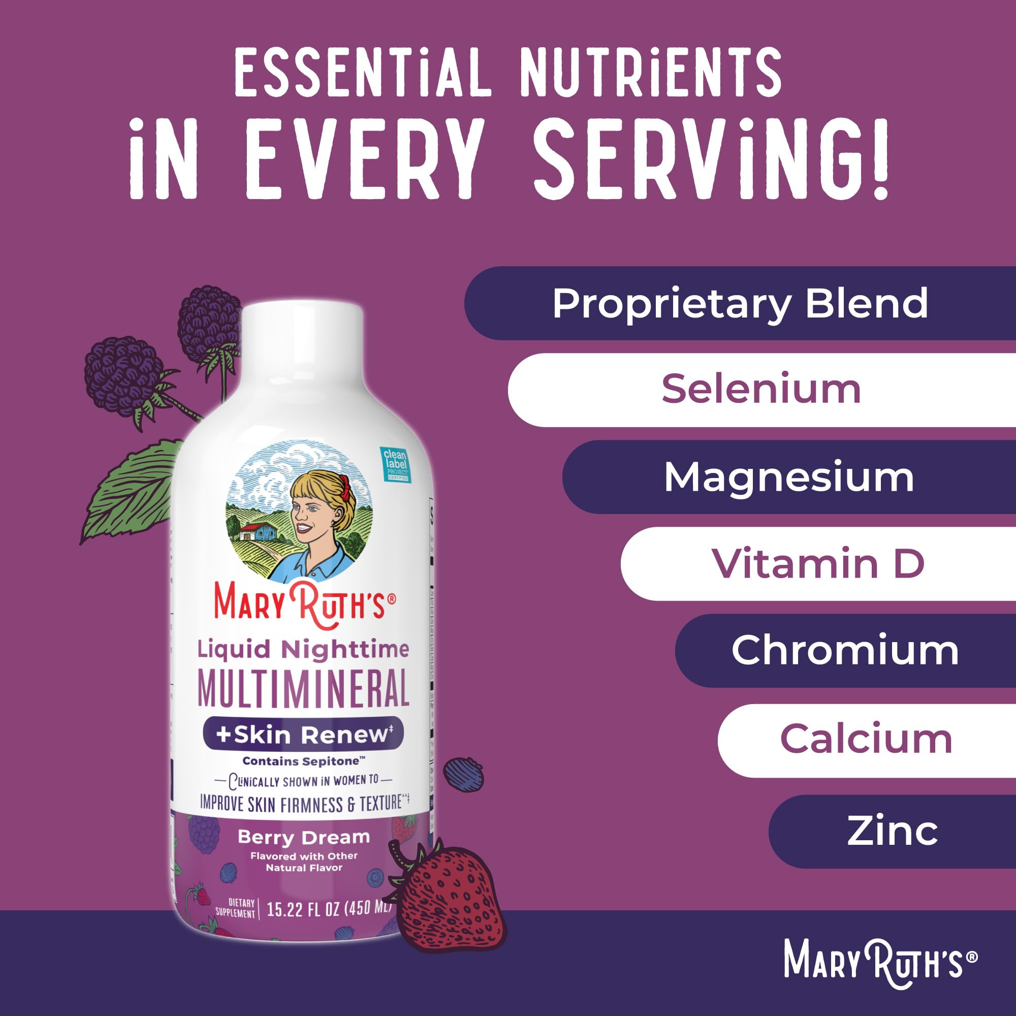 MaryRuth's Liquid Nighttime Liquid Multimineral + Skin Renew | Clinically Shown in Women to Reduce Fine Wrinkle & Improve Skin Firmness | Sepitone | NO Melatonin | Magnesium | Vegan | 15 Servings