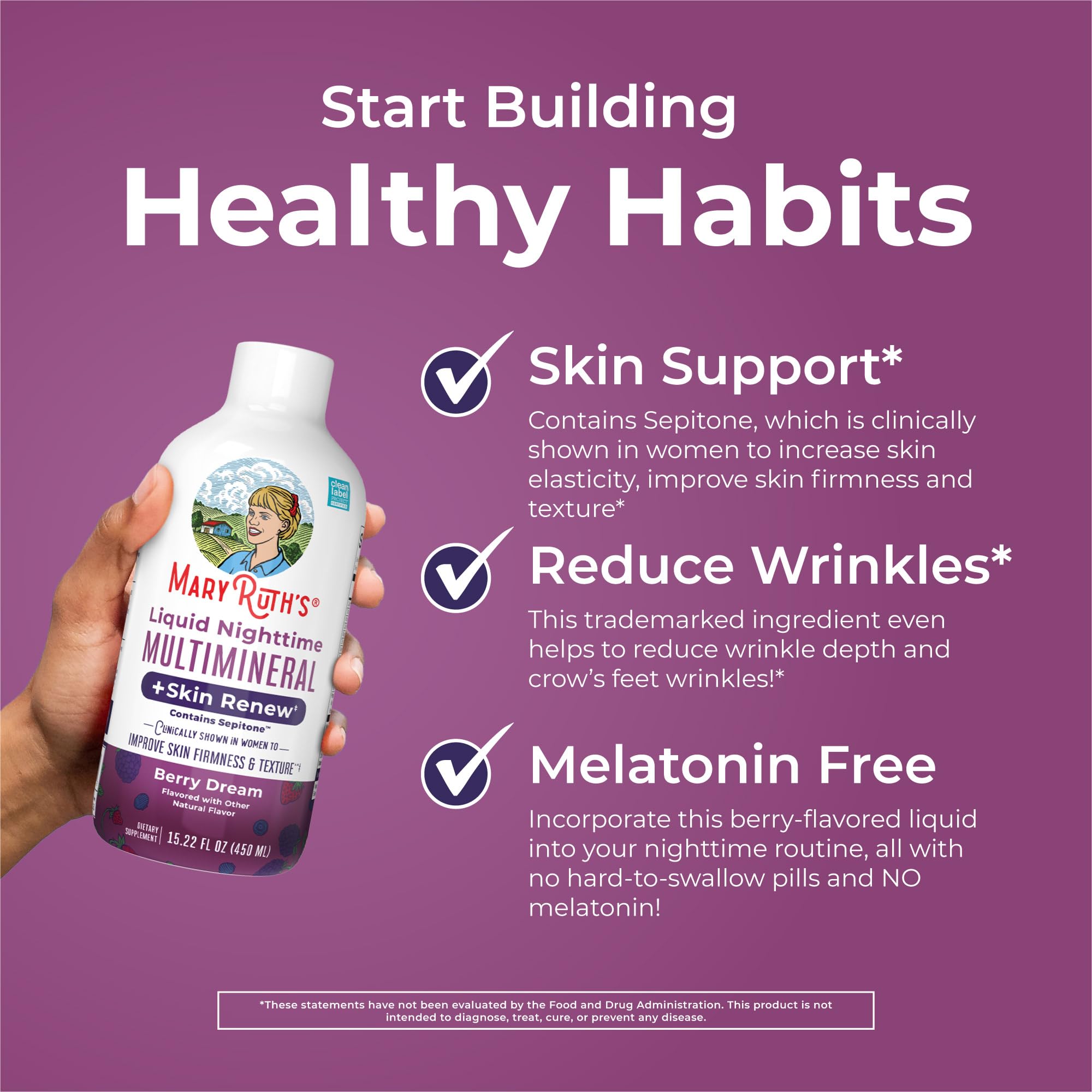 MaryRuth's Liquid Nighttime Liquid Multimineral + Skin Renew | Clinically Shown in Women to Reduce Fine Wrinkle & Improve Skin Firmness | Sepitone | NO Melatonin | Magnesium | Vegan | 15 Servings