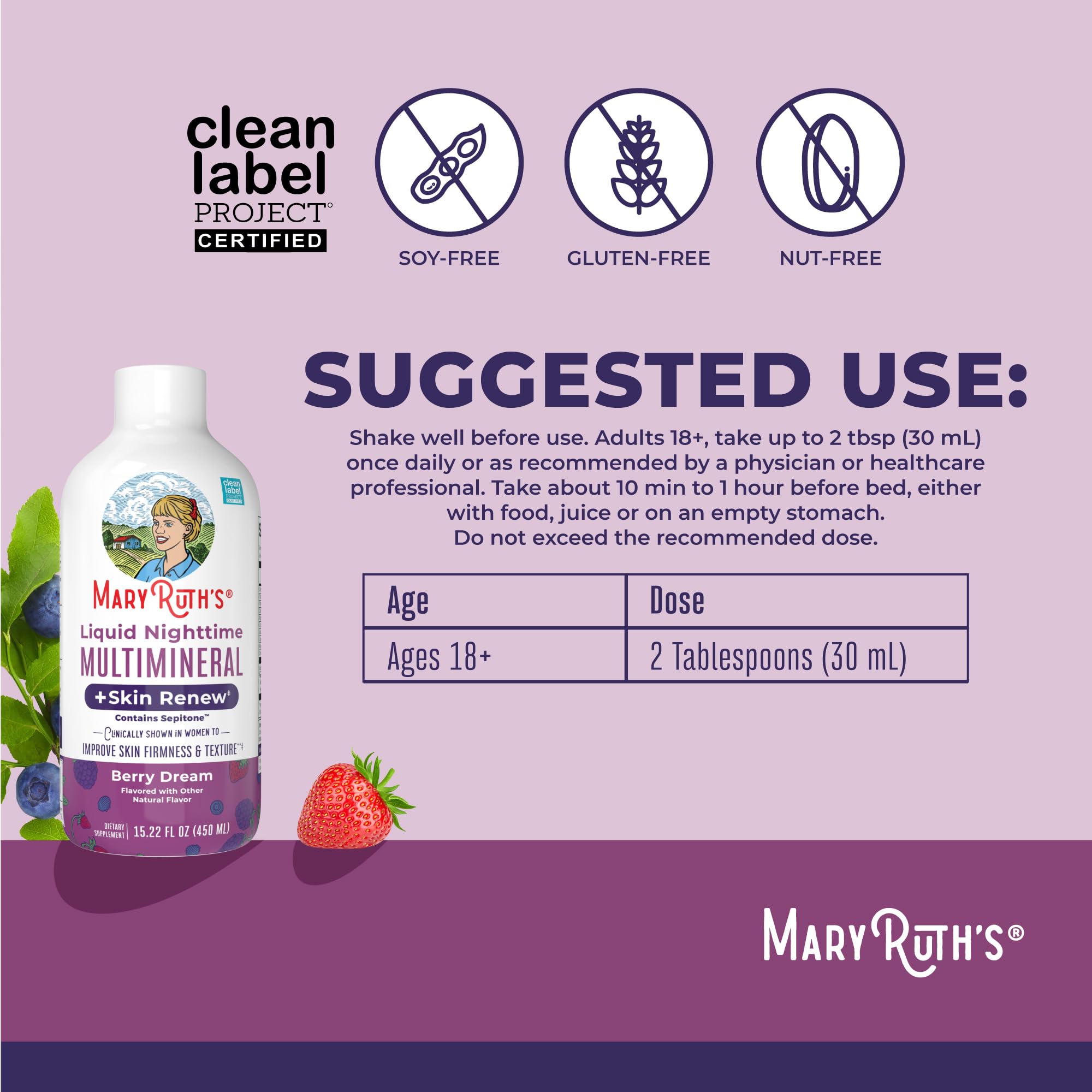 MaryRuth's Liquid Nighttime Liquid Multimineral + Skin Renew | Clinically Shown in Women to Reduce Fine Wrinkle & Improve Skin Firmness | Sepitone | NO Melatonin | Magnesium | Vegan | 15 Servings
