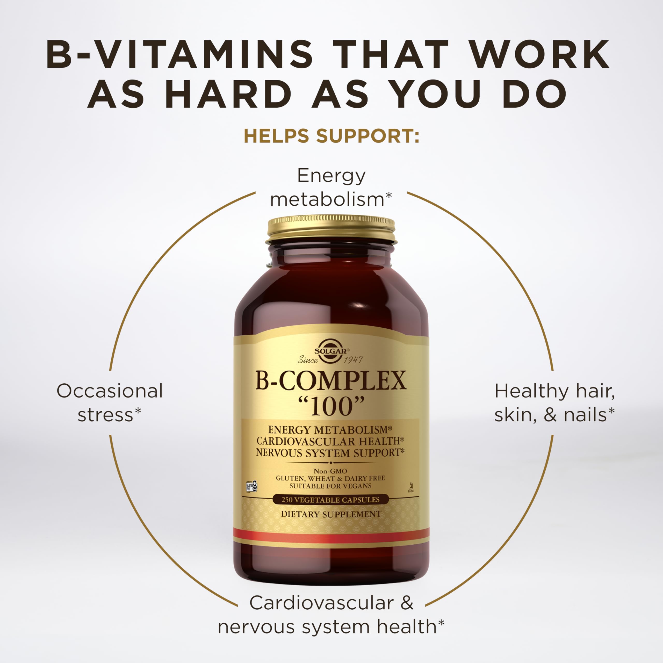 Solgar B-Complex 100",250 Vegetable Capsules - Nervous System Support - Supports Energy Metabolism - Non-GMO,Vegan,Gluten Free,Dairy Free,Kosher - 250 Servings,(Pack of 2)