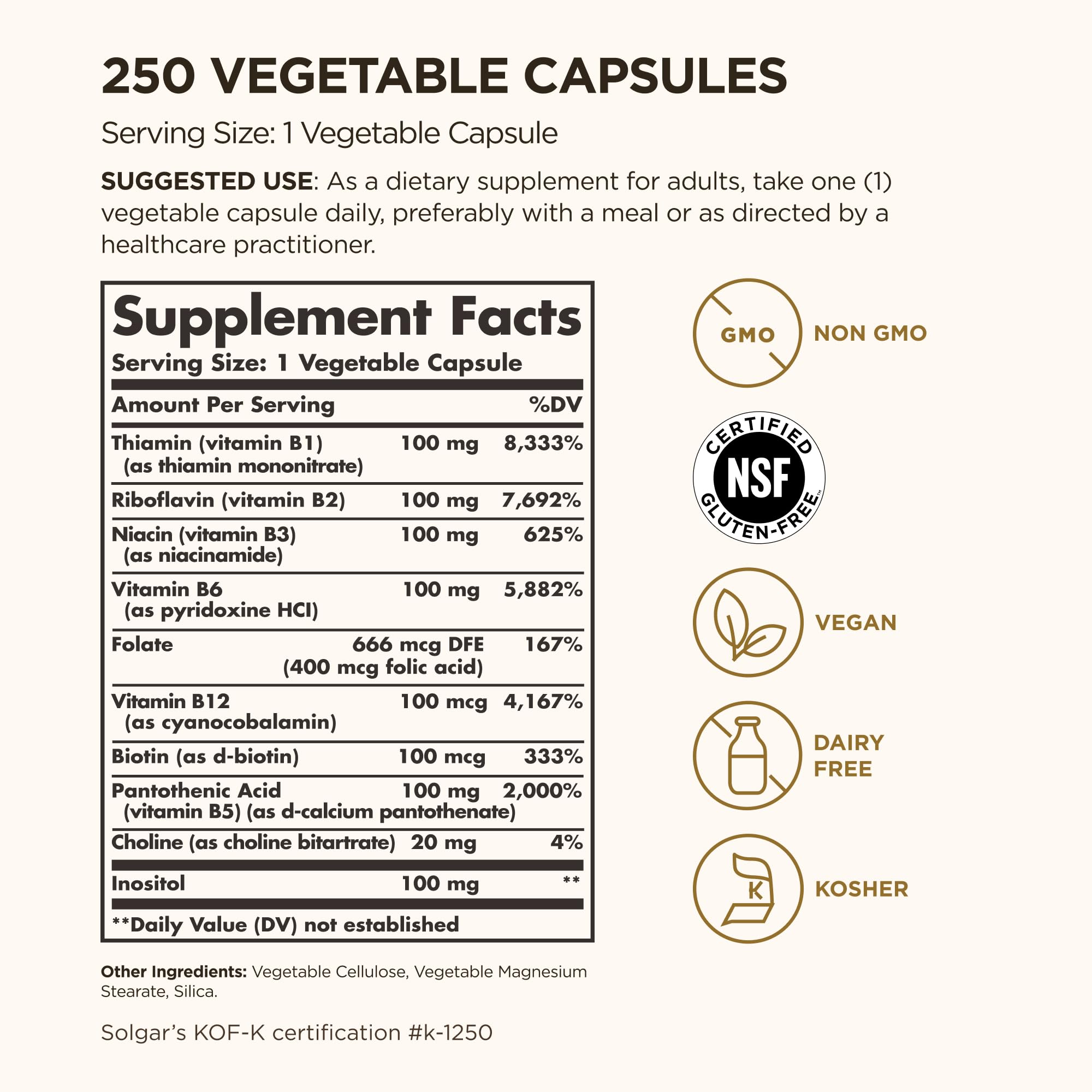 Solgar B-Complex 100",250 Vegetable Capsules - Nervous System Support - Supports Energy Metabolism - Non-GMO,Vegan,Gluten Free,Dairy Free,Kosher - 250 Servings,(Pack of 2)