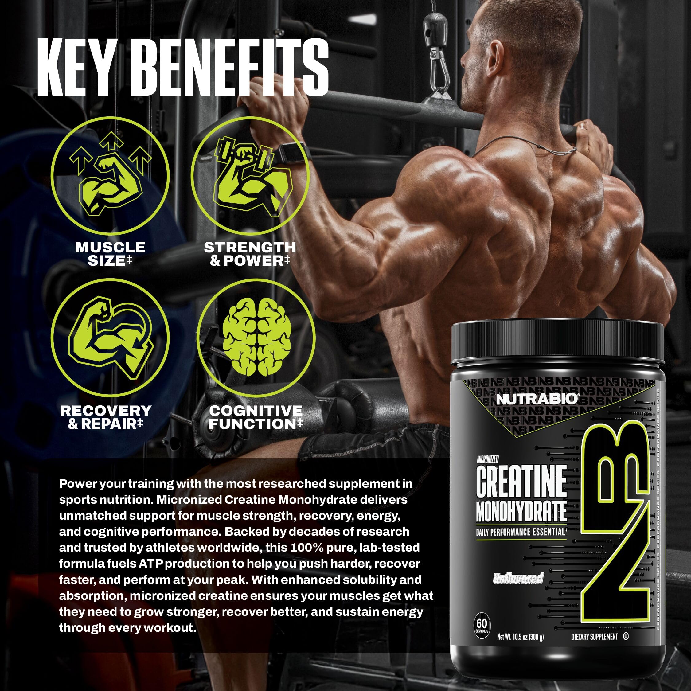 NutraBio Pure Micronized Creatine Monohydrate Powder Supplement, Unflavored, (300 g) - Supports Bulk Muscle Energy, Recovery, and Strength - HPLC Tested Creatine Powder Supplement for Men and Women