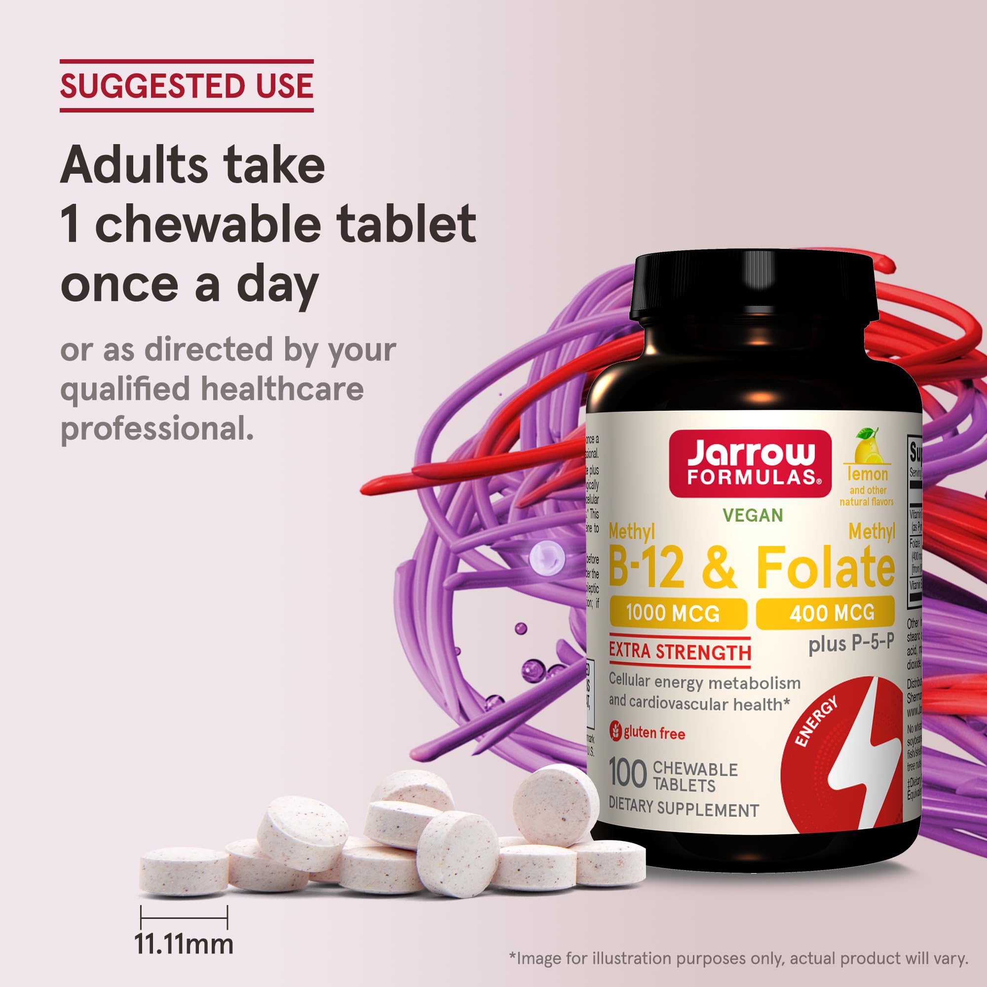 Jarrow Formulas Methyl B-12 1000MCG & Methyl Folate 400MCG,Extra Strength,Cellular Energy Metabolism & Cardiovascular Health Formula(1) With P-5-P,100Chewable Tabs,Up to a 100 Day Suppl,12Packs