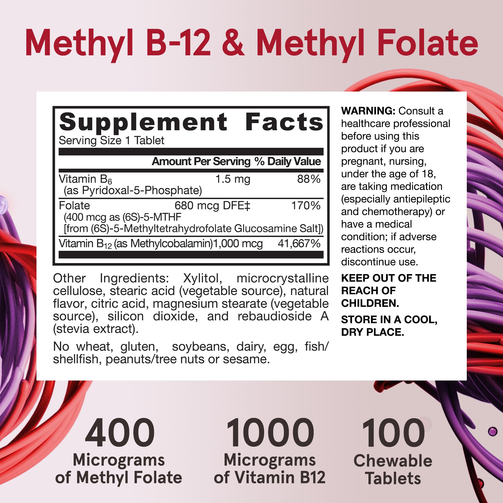 Jarrow Formulas Methyl B-12 1000MCG & Methyl Folate 400MCG,Extra Strength,Cellular Energy Metabolism & Cardiovascular Health Formula(1) With P-5-P,100Chewable Tabs,Up to a 100 Day Suppl,12Packs