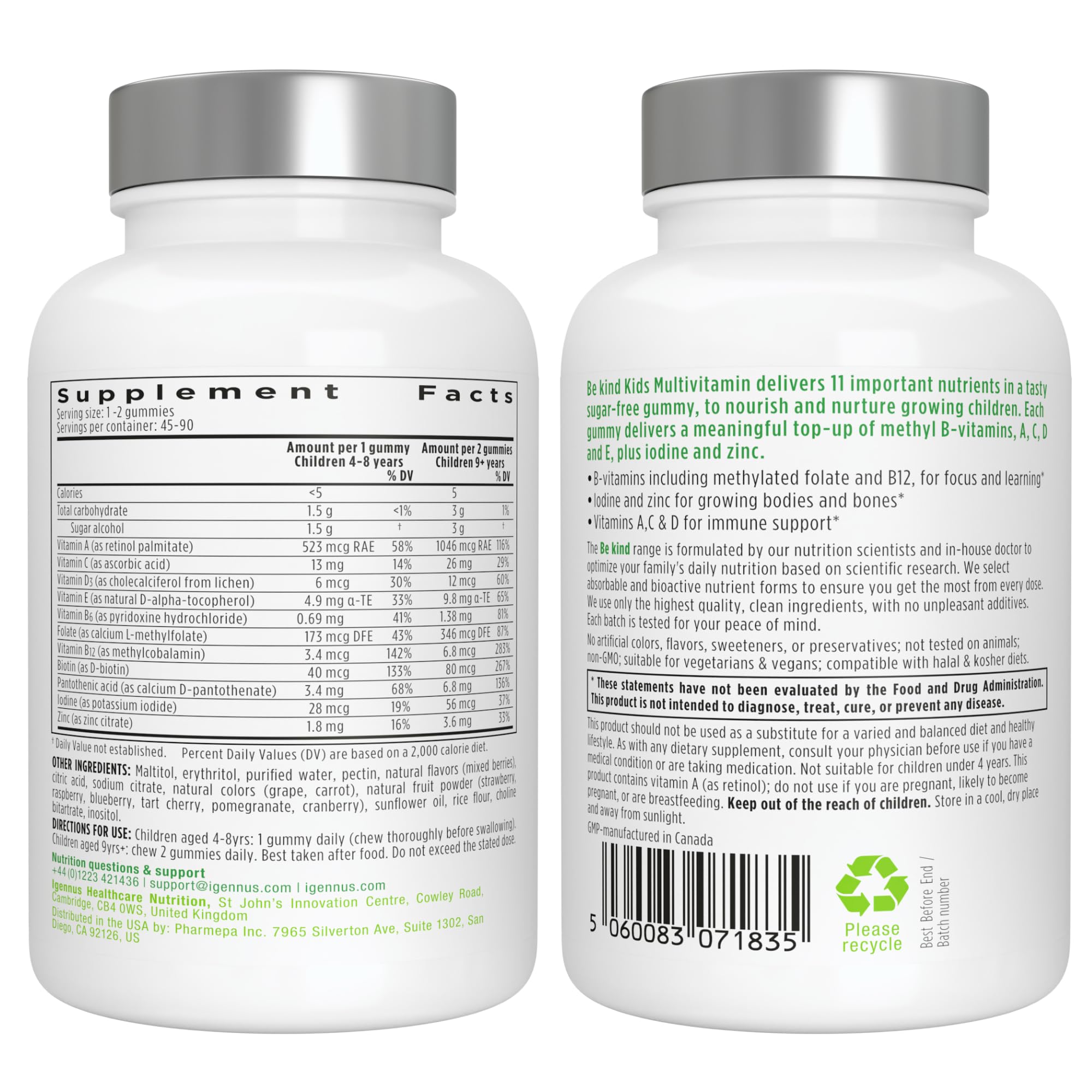 Igennus Methylated Kids Multivitamin Gummy, MTHFR, No Artificial Sweeteners or Flavors, Sugar Free, Age 4+, 90 Natural Berry Flavor Gummies from Fruit Powder, Non-GMO, Halal, Clean Label x6