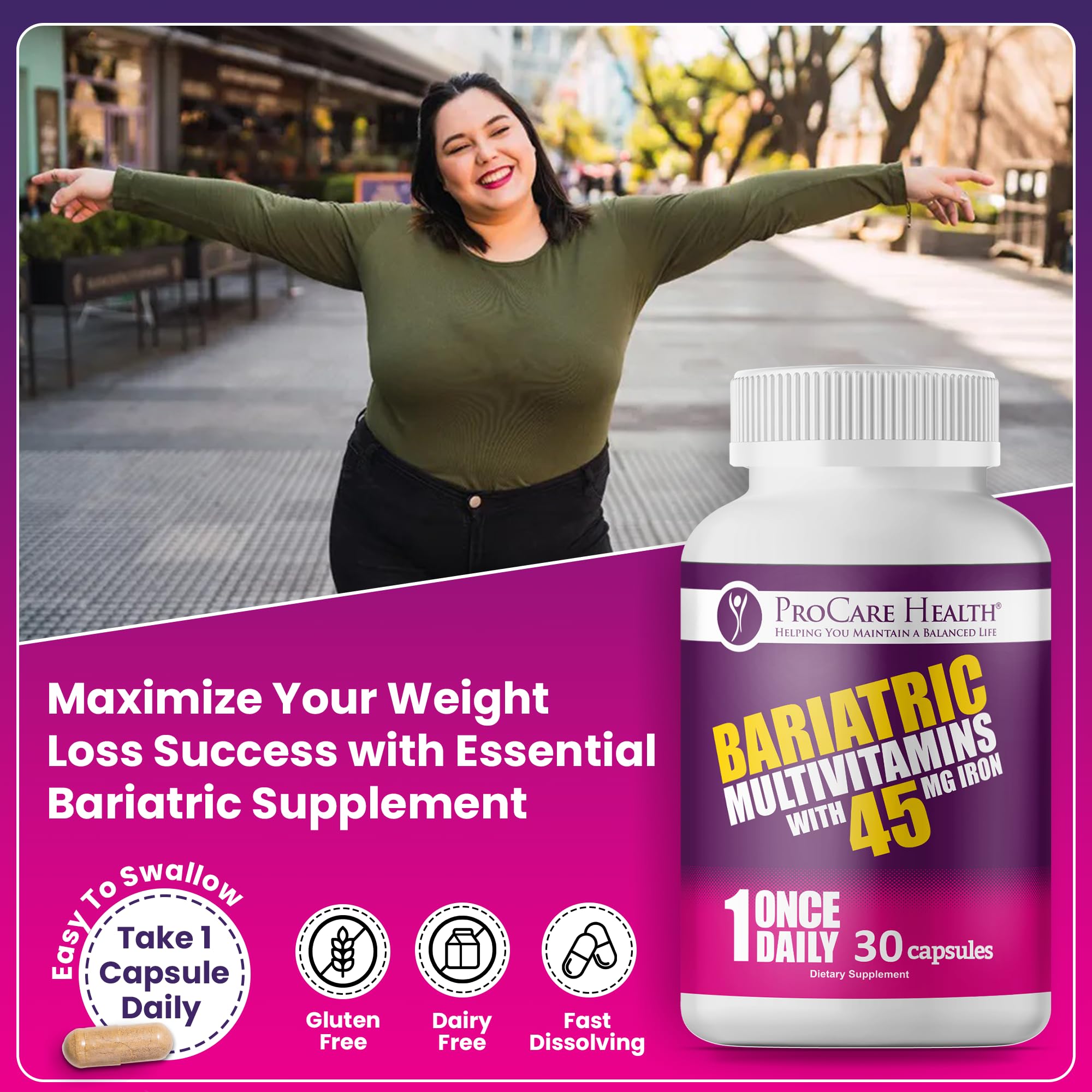 ProCare Health Bariatric Multivitamin with 45mg Iron (30 Easy to Swallow Capsules) - Once Daily Post-Op Support for Gastric Bypass & Sleeve with 1 Month Supply, No Artificial Colors, Gluten-Free