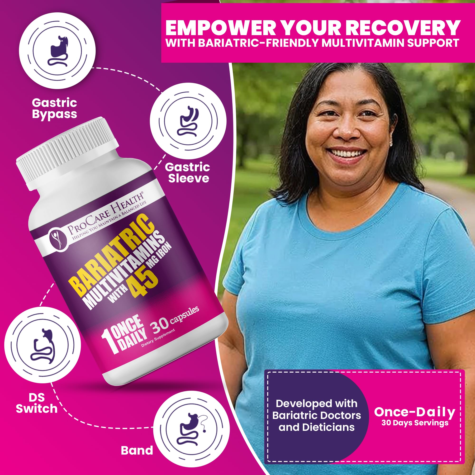 ProCare Health Bariatric Multivitamin with 45mg Iron (30 Easy to Swallow Capsules) - Once Daily Post-Op Support for Gastric Bypass & Sleeve with 1 Month Supply, No Artificial Colors, Gluten-Free
