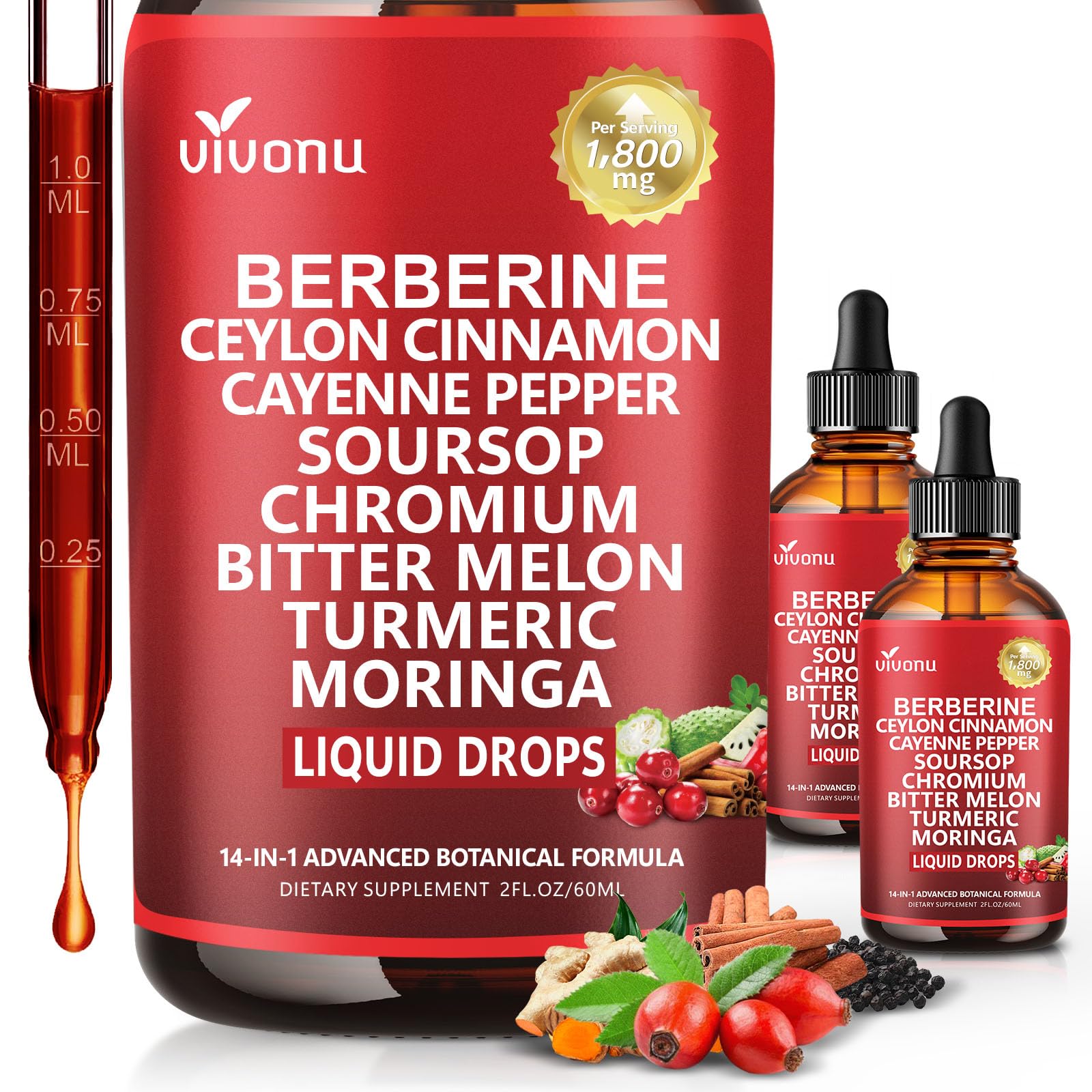14-in-1 Berberine with Ceylon Cinnamon Supplement Liquid Drops, 1800mg + 30:1 Liposomal Tech with Cayenne Pepper Soursop Chromium Bitter Melon Turmeric Moringa Gymnema Glucomannan, GLP Support 2Bottle