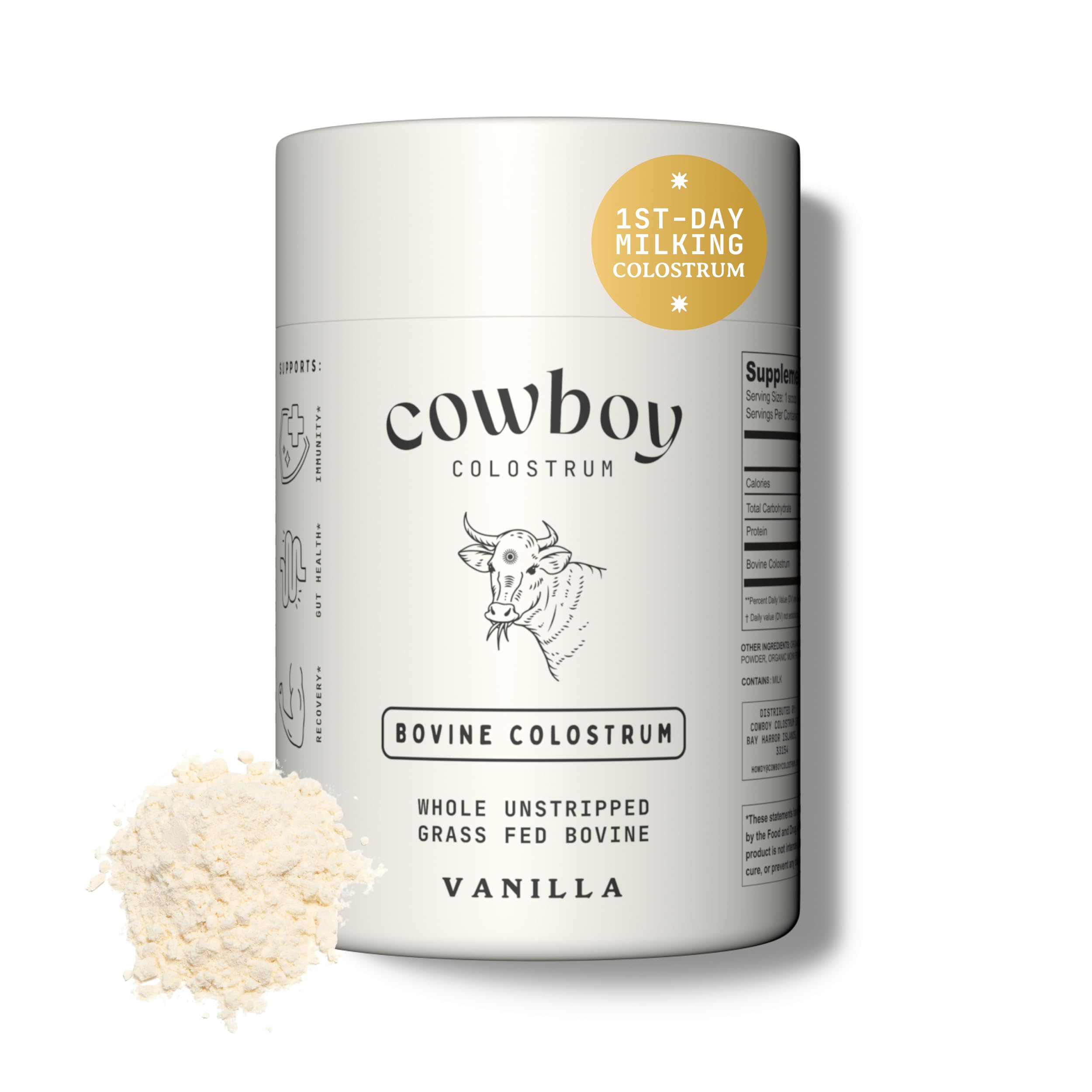 Cowboy - The Exclusive 1st Milking, Whole, Grass Fed Colostrum Supplement for Full Body Health - Bovine Colostrum Powder Packed w/Bioactive Nutrients - Sugar Free (Vanilla, 40 Servings)