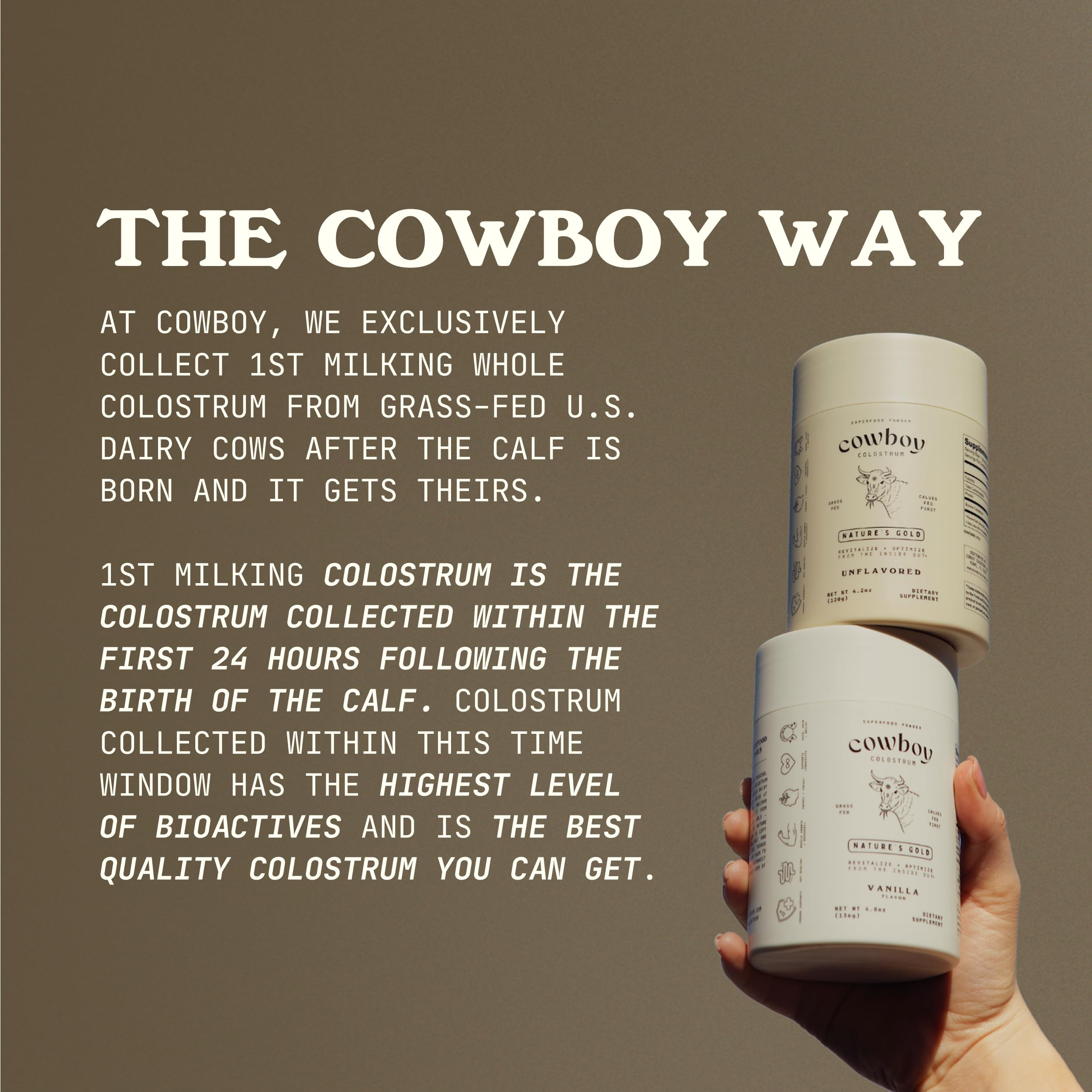 Cowboy - The Exclusive 1st Milking, Whole, Grass Fed Colostrum Supplement for Full Body Health - Bovine Colostrum Powder Packed w/Bioactive Nutrients - Sugar Free (Vanilla, 40 Servings)