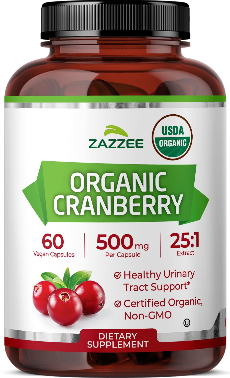 Zazzee USDA Organic Cranberry 25:1 Extract, 500 mg per Capsule, 60 Vegan Capsules, 2 Month Supply, Certified Kosher, Vaccinium Macrocarpon, Urinary Tract & Bladder Support, Non-GMO, Made in the USA