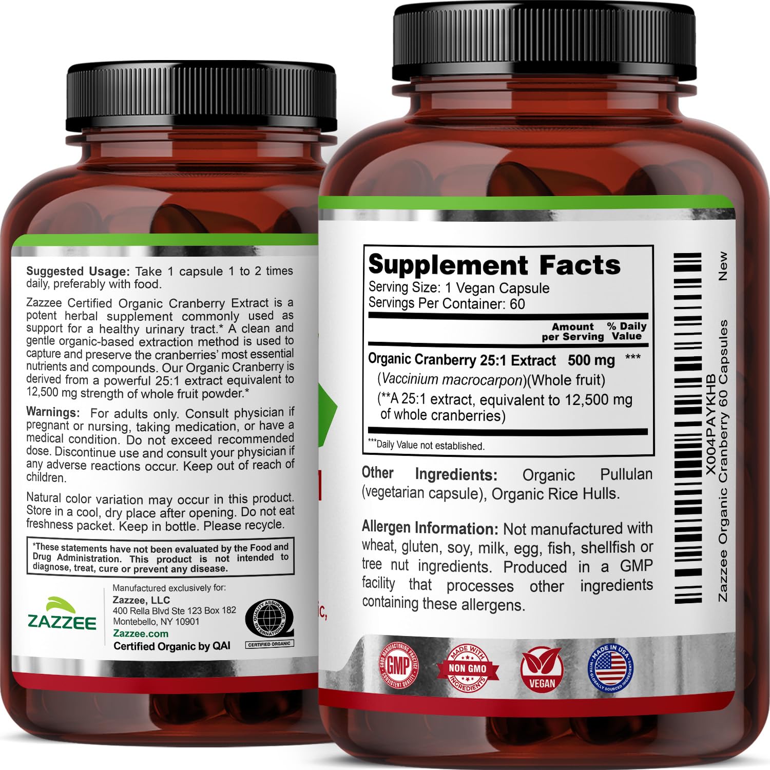 Zazzee USDA Organic Cranberry 25:1 Extract, 500 mg per Capsule, 60 Vegan Capsules, 2 Month Supply, Certified Kosher, Vaccinium Macrocarpon, Urinary Tract & Bladder Support, Non-GMO, Made in the USA