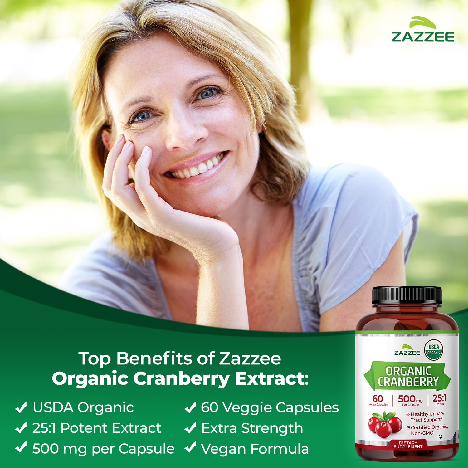 Zazzee USDA Organic Cranberry 25:1 Extract, 500 mg per Capsule, 60 Vegan Capsules, 2 Month Supply, Certified Kosher, Vaccinium Macrocarpon, Urinary Tract & Bladder Support, Non-GMO, Made in the USA