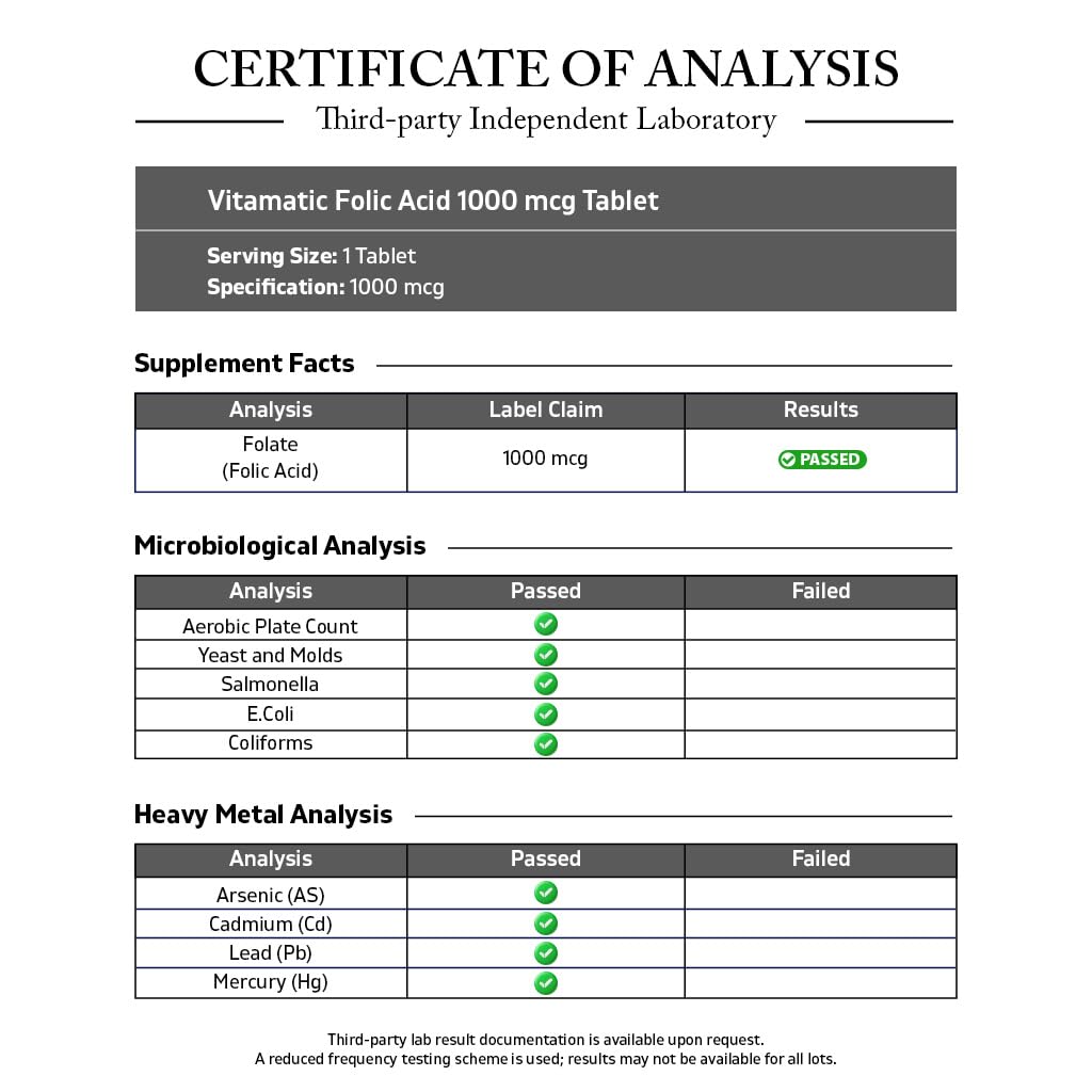 Vitamatic Folic Acid 1000 mcg (1 mg) – 240 Vegetarian Tablets (Pack of 2) 1667 mcg DFE – Vitamin B9 for Prenatal, Heart & Cellular Health
