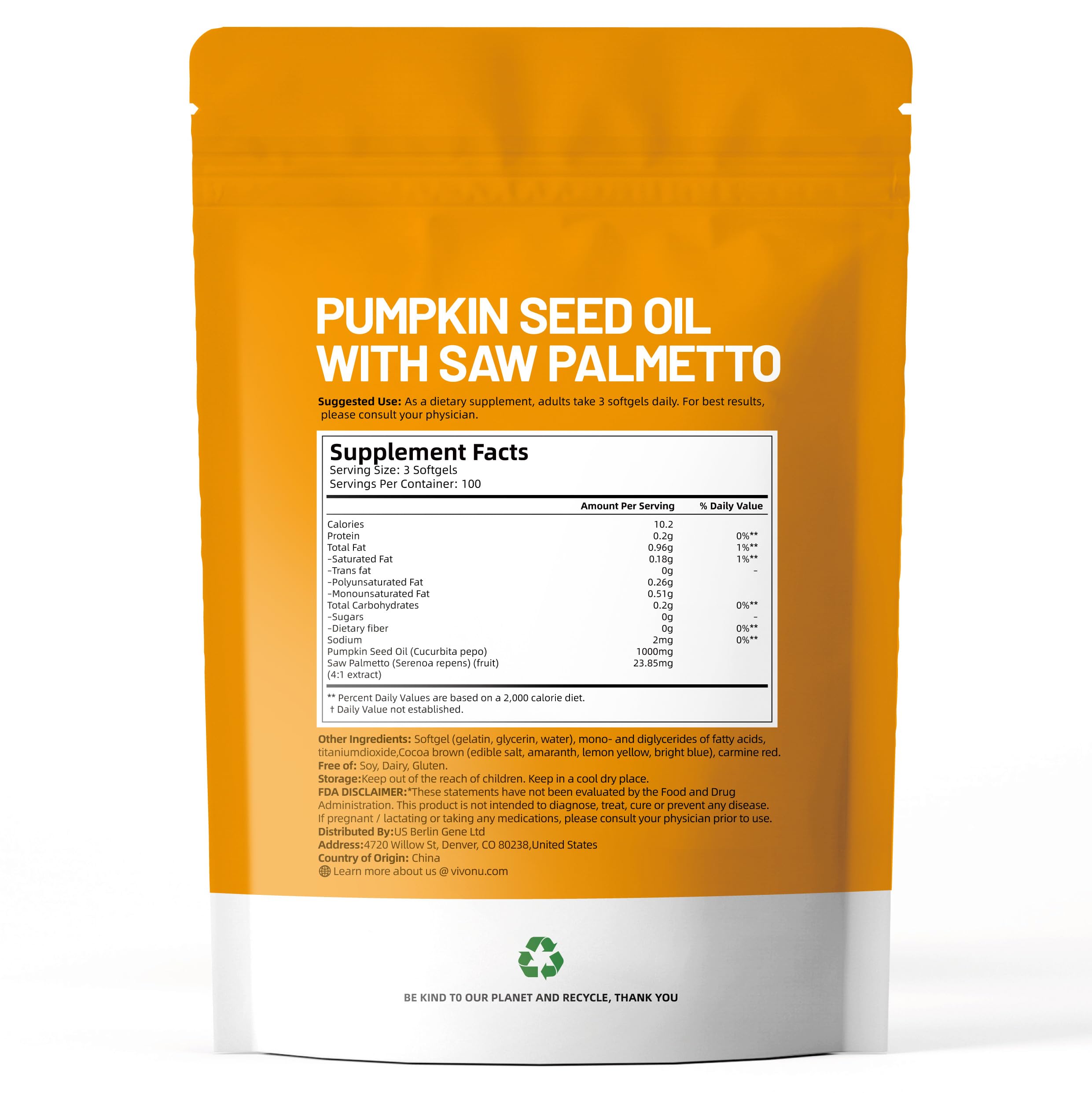 VivoNu Pumpkin Seed Oil with Saw Palmetto Capsules |Cold Pressed, Pure Virgin Oil,Essential Fatty Acids & Phytosterols |300 SoftgelsSupports Hair,Urinary,Bladder&Prostate Health|Non-GMO