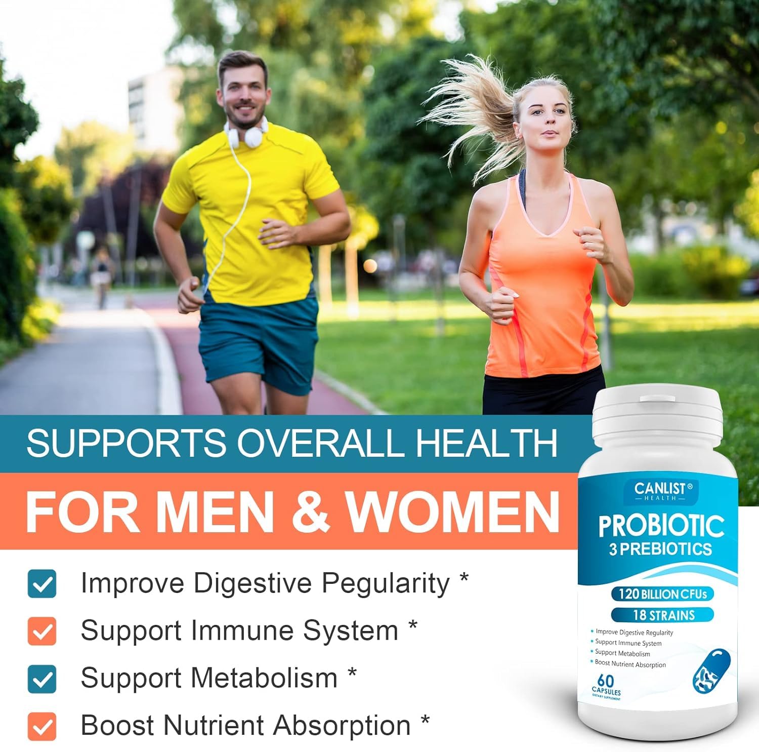 CANLIST Probiotics 120 Billion CFUs 18 Strains, 3 Prebiotics & Digestive Enzymes for Men Women,Digestive & Immune Support,Shelf Stable Non-GMO 120 Capsules
