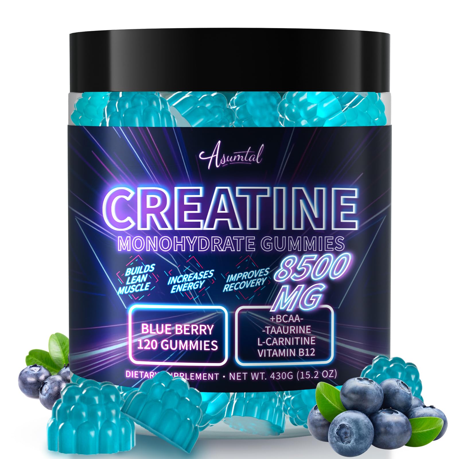 Asumtal Creatine Monohydrate Gummies Complex 8500 MG for Men & Women, Creatine Monohydrate Supplement for Muscle Growth, Strength & Energy Support, Pre Workout Gummies 120 Count Blueberry