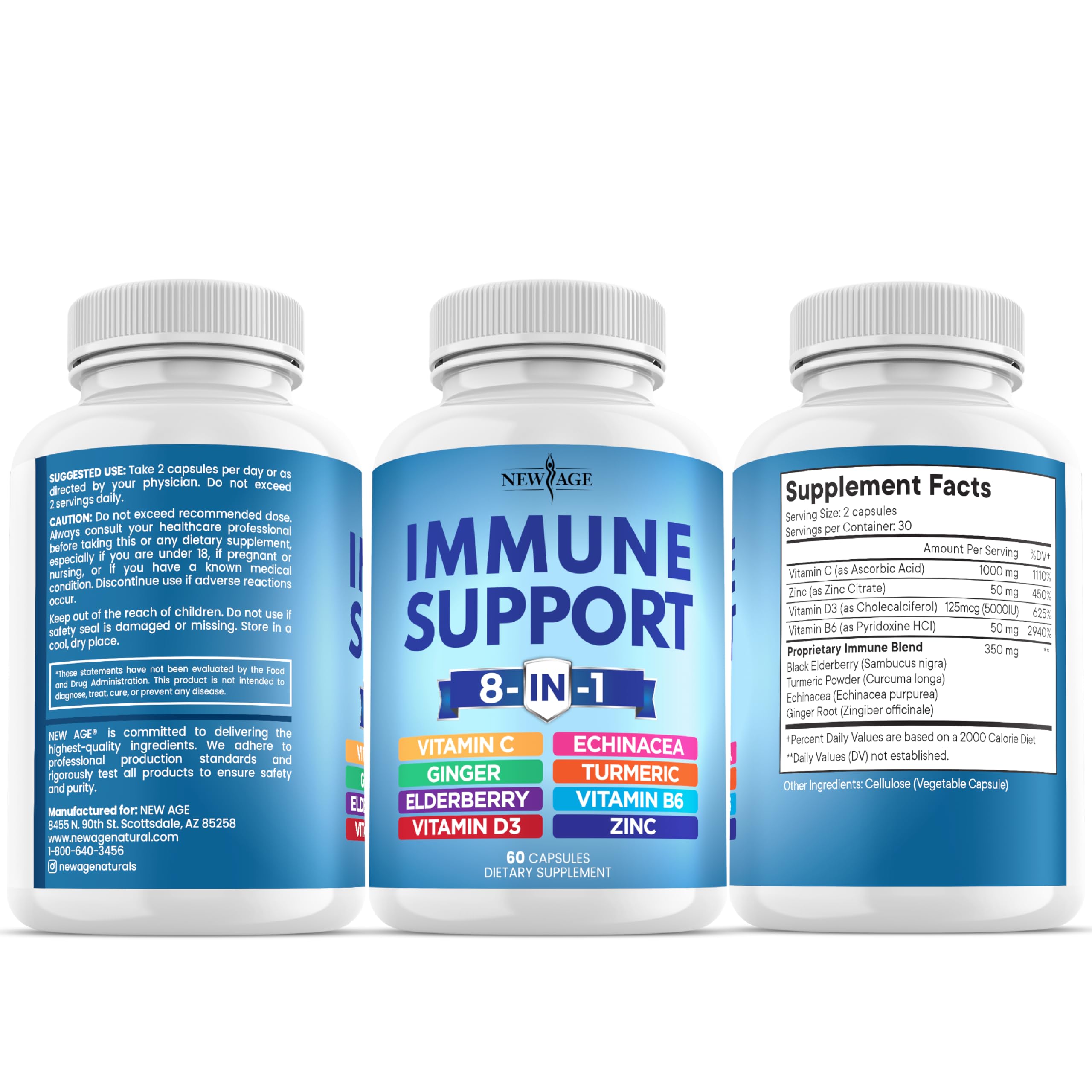 NEW AGE 8 in 1 Immune Support Booster Supplement with Echinacea, Vitamin C and Zinc 50mg, Vitamin D 5000 IU, Turmeric Curcumin & Ginger, B6, Elderberry 60 Count (Pack of 1)