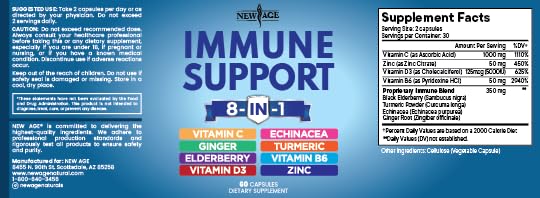 NEW AGE 8 in 1 Immune Support Booster Supplement with Echinacea, Vitamin C and Zinc 50mg, Vitamin D 5000 IU, Turmeric Curcumin & Ginger, B6, Elderberry 60 Count (Pack of 1)