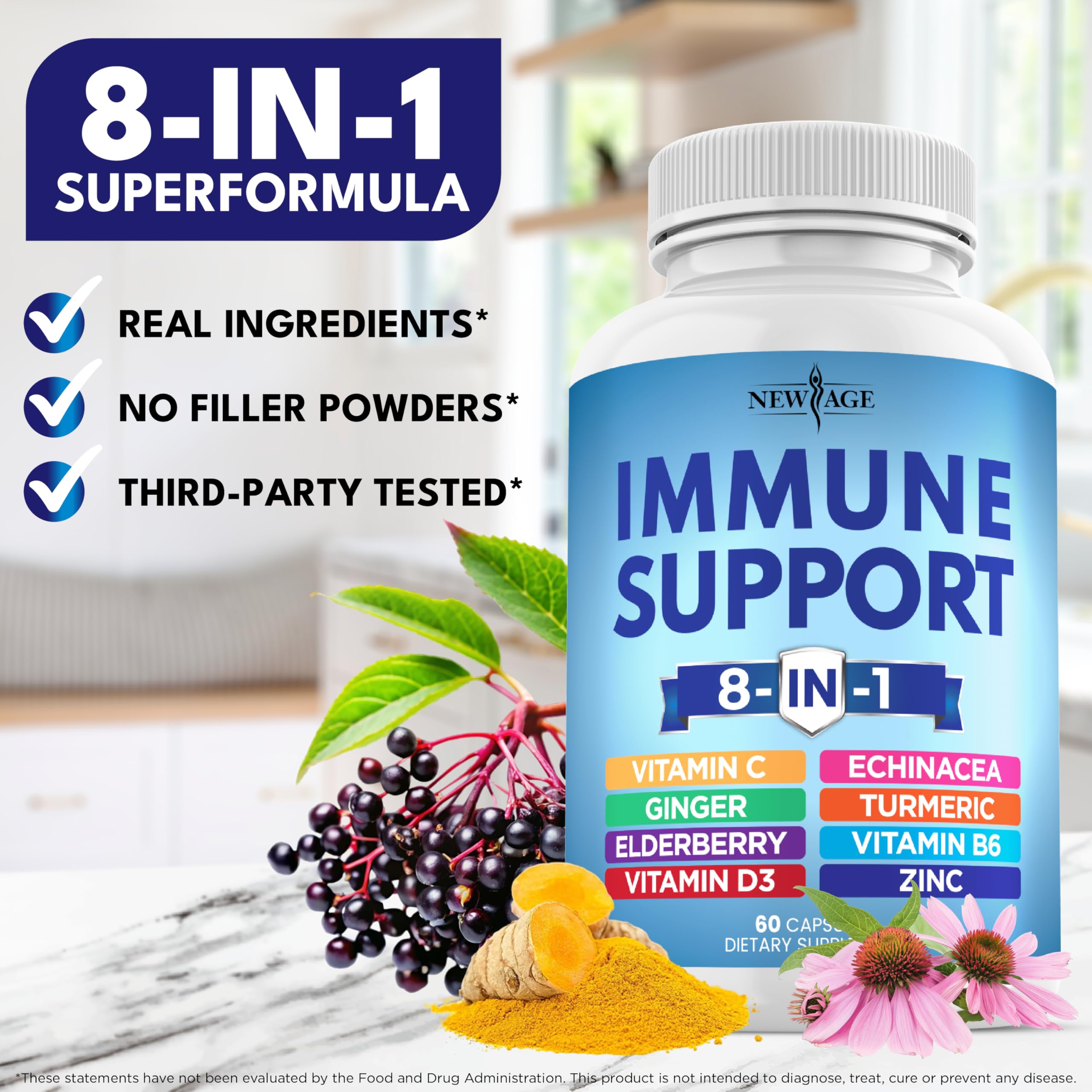 NEW AGE 8 in 1 Immune Support Booster Supplement with Echinacea, Vitamin C and Zinc 50mg, Vitamin D 5000 IU, Turmeric Curcumin & Ginger, B6, Elderberry 60 Count (Pack of 1)