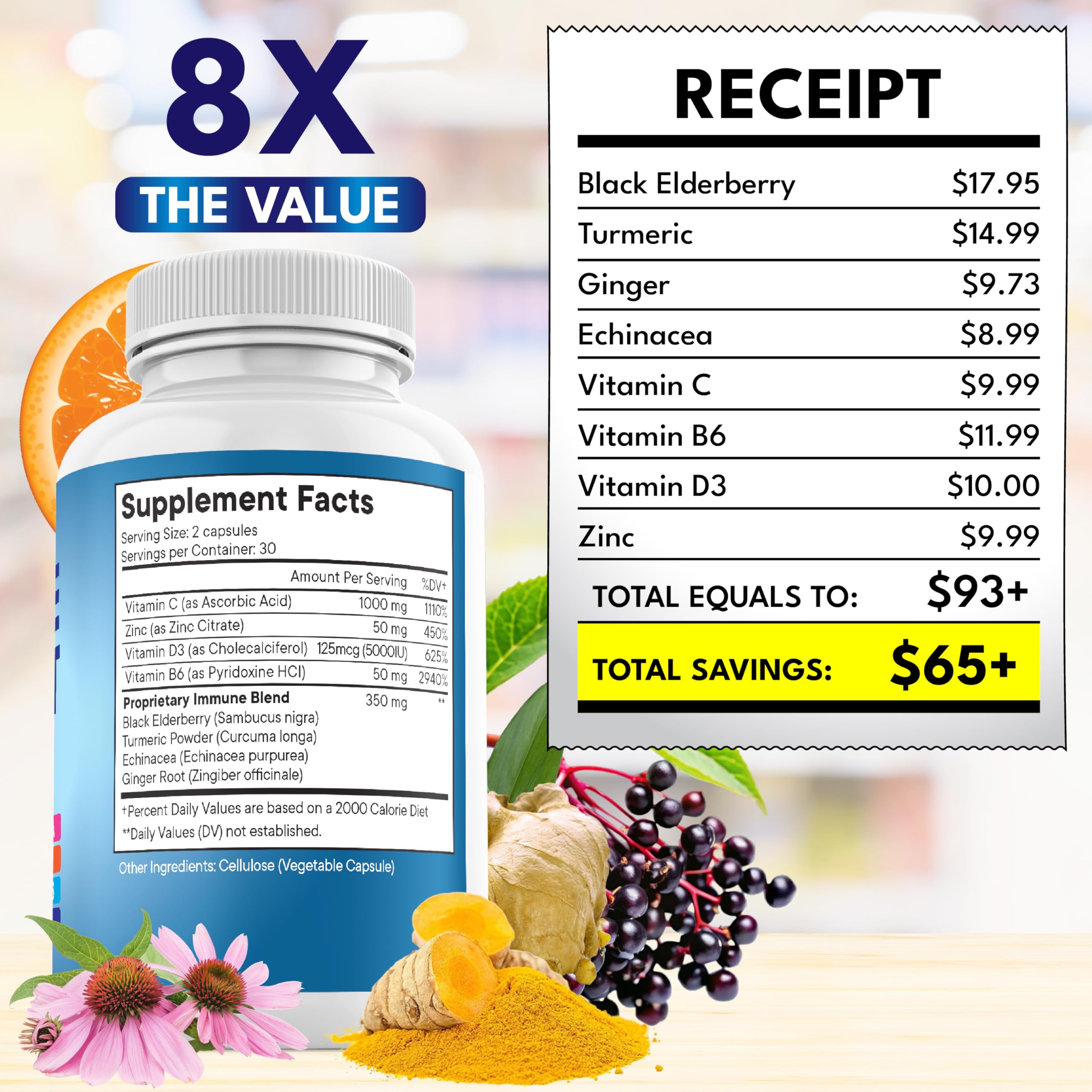 NEW AGE 8 in 1 Immune Support Booster Supplement with Echinacea, Vitamin C and Zinc 50mg, Vitamin D 5000 IU, Turmeric Curcumin & Ginger, B6, Elderberry 60 Count (Pack of 1)