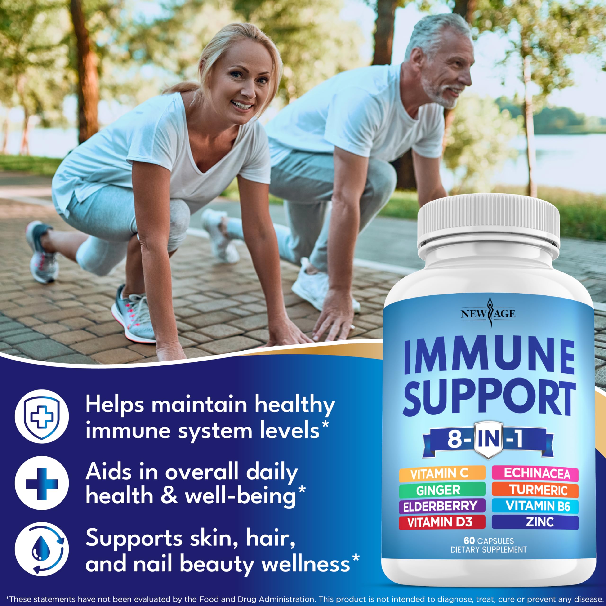NEW AGE 8 in 1 Immune Support Booster Supplement with Echinacea, Vitamin C and Zinc 50mg, Vitamin D 5000 IU, Turmeric Curcumin & Ginger, B6, Elderberry 60 Count (Pack of 1)