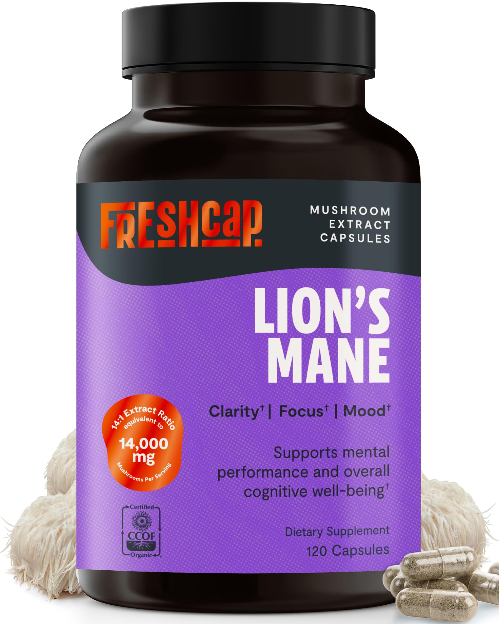 FreshCap Mushrooms Lions Mane Supplement Capsules 14,000mg - Lion's Mane, High Potency Extract, 14:1 Organic Mushroom Supplement, Ayurveda Focus Made in USA (120 Capsules)