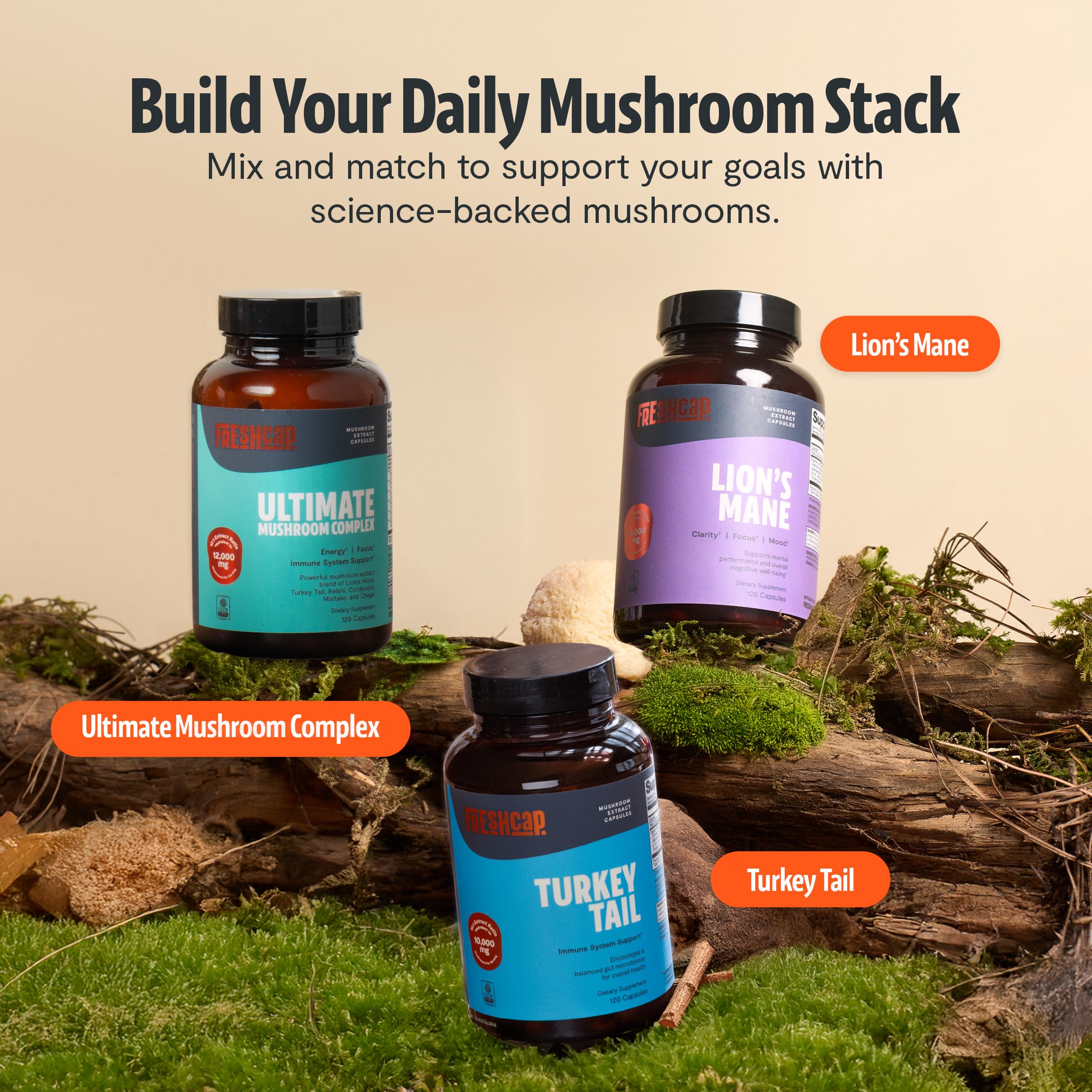 FreshCap Mushrooms Lions Mane Supplement Capsules 14,000mg - Lion's Mane, High Potency Extract, 14:1 Organic Mushroom Supplement, Ayurveda Focus Made in USA (120 Capsules)