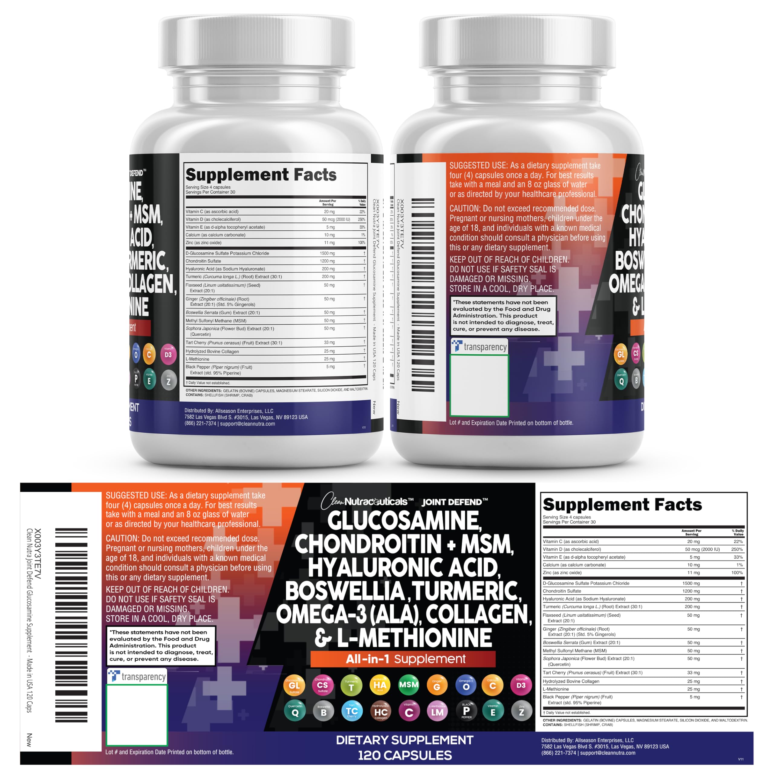 Clean Nutraceuticals Glucosamine 1500mg Chondroitin 1200mg MSM with Turmeric Curcumin, Collagen, Hyaluronic Acid, Omega 3 – Joint Health Supplement for Men & Women – Joint Complex – 120 Count