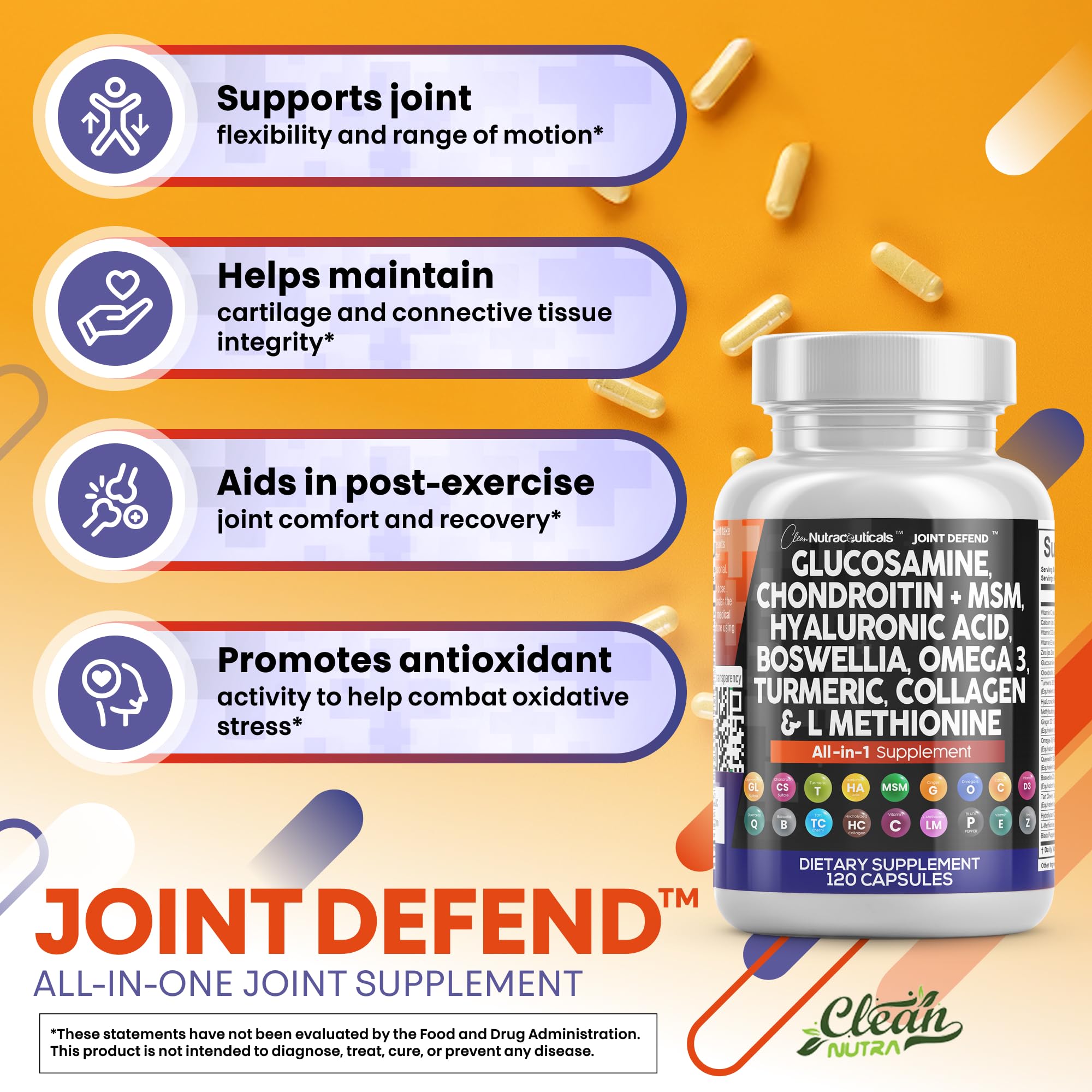 Clean Nutraceuticals Glucosamine 1500mg Chondroitin 1200mg MSM with Turmeric Curcumin, Collagen, Hyaluronic Acid, Omega 3 – Joint Health Supplement for Men & Women – Joint Complex – 120 Count